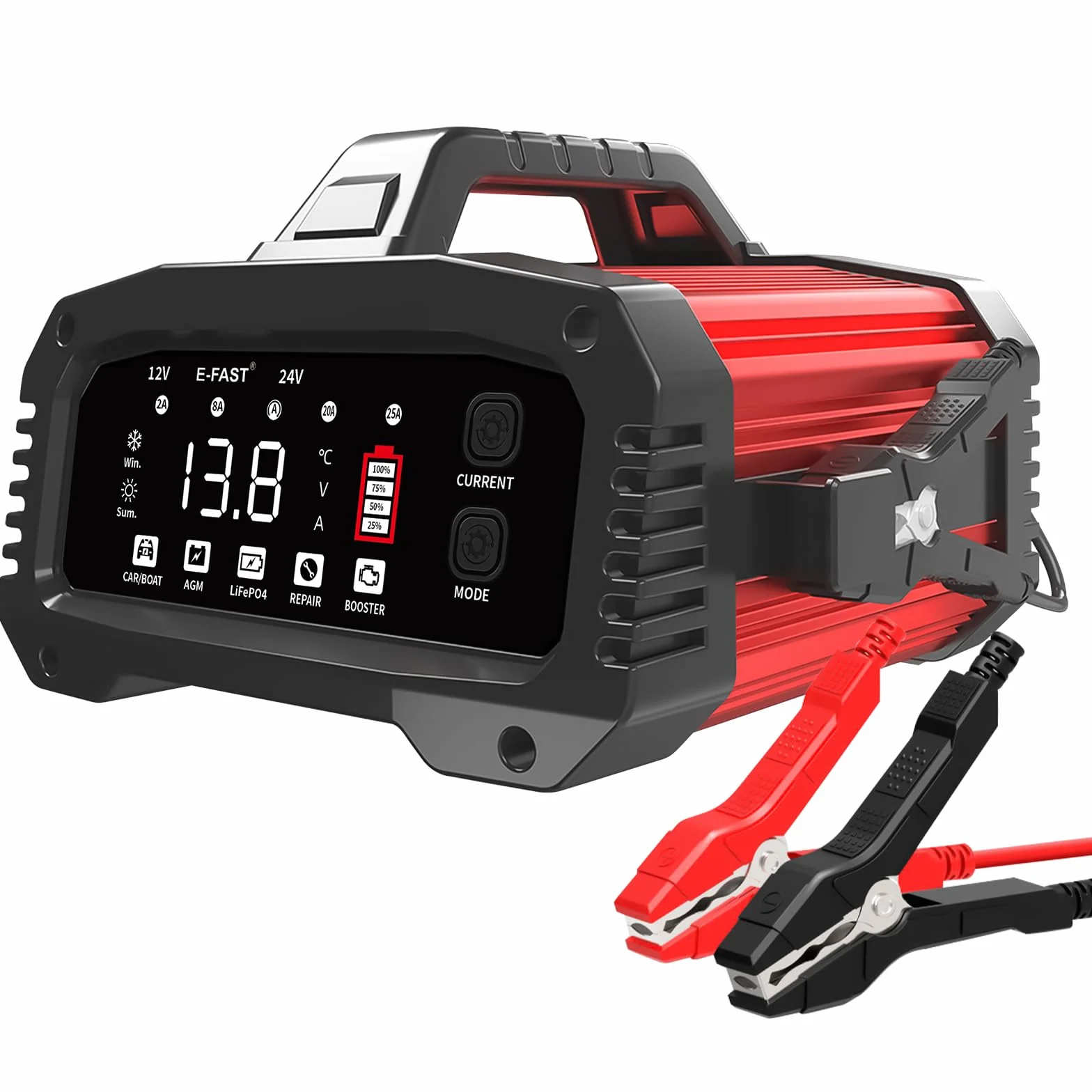 25A Caricabatteria da Auto, 12V/24V Automatico Caricabatteria da Auto con Display LCD, Caricabatteria Intelligente per Automobili Aggiornato per Batterie AGM/LiFePO4, Moto, Barche e Roulotte