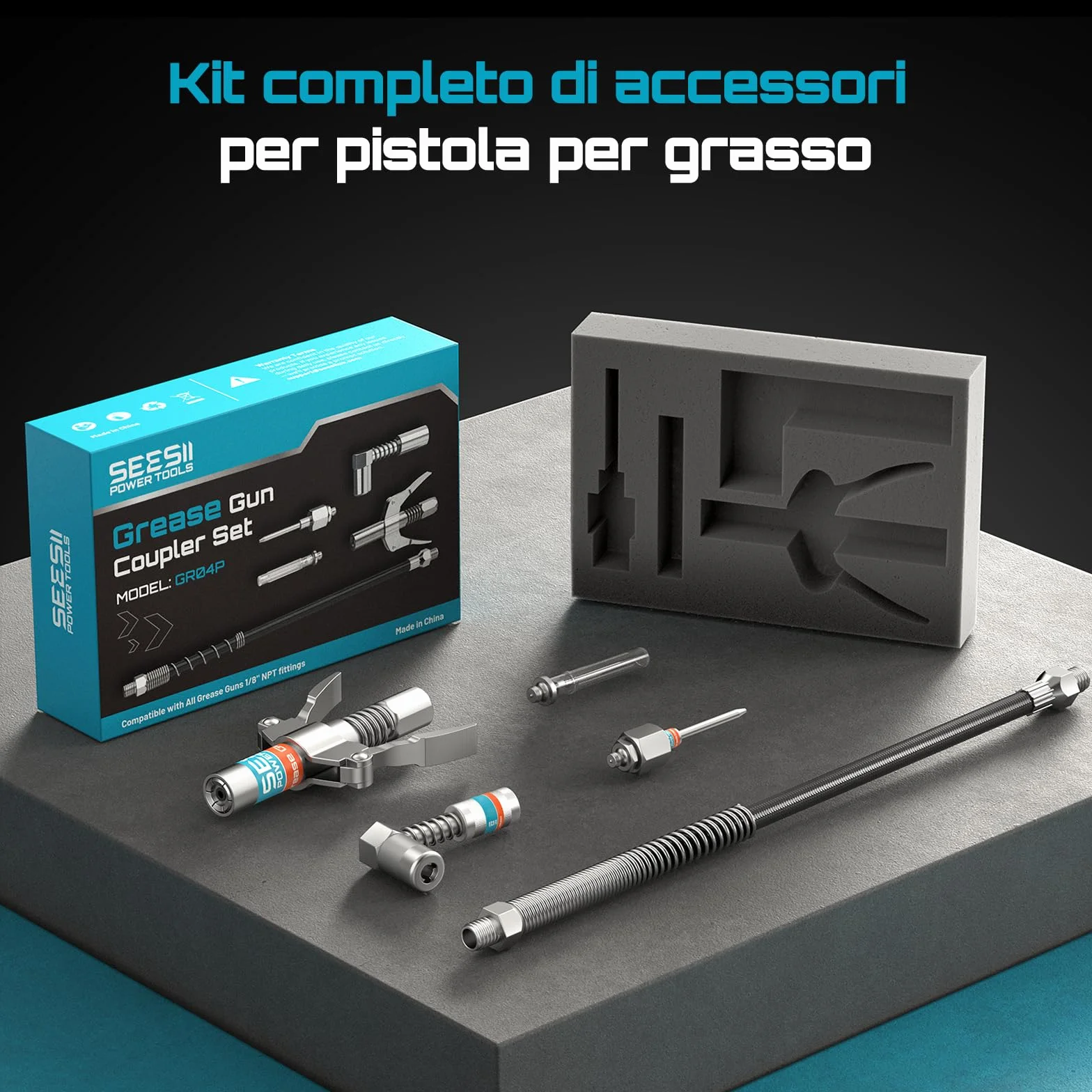 Seesii Kit di Accessori per Ingrassatore GR04P, Testina Professionale, Adattatore 90°, Tubo Flessibile 30 cm, 2 Puntali