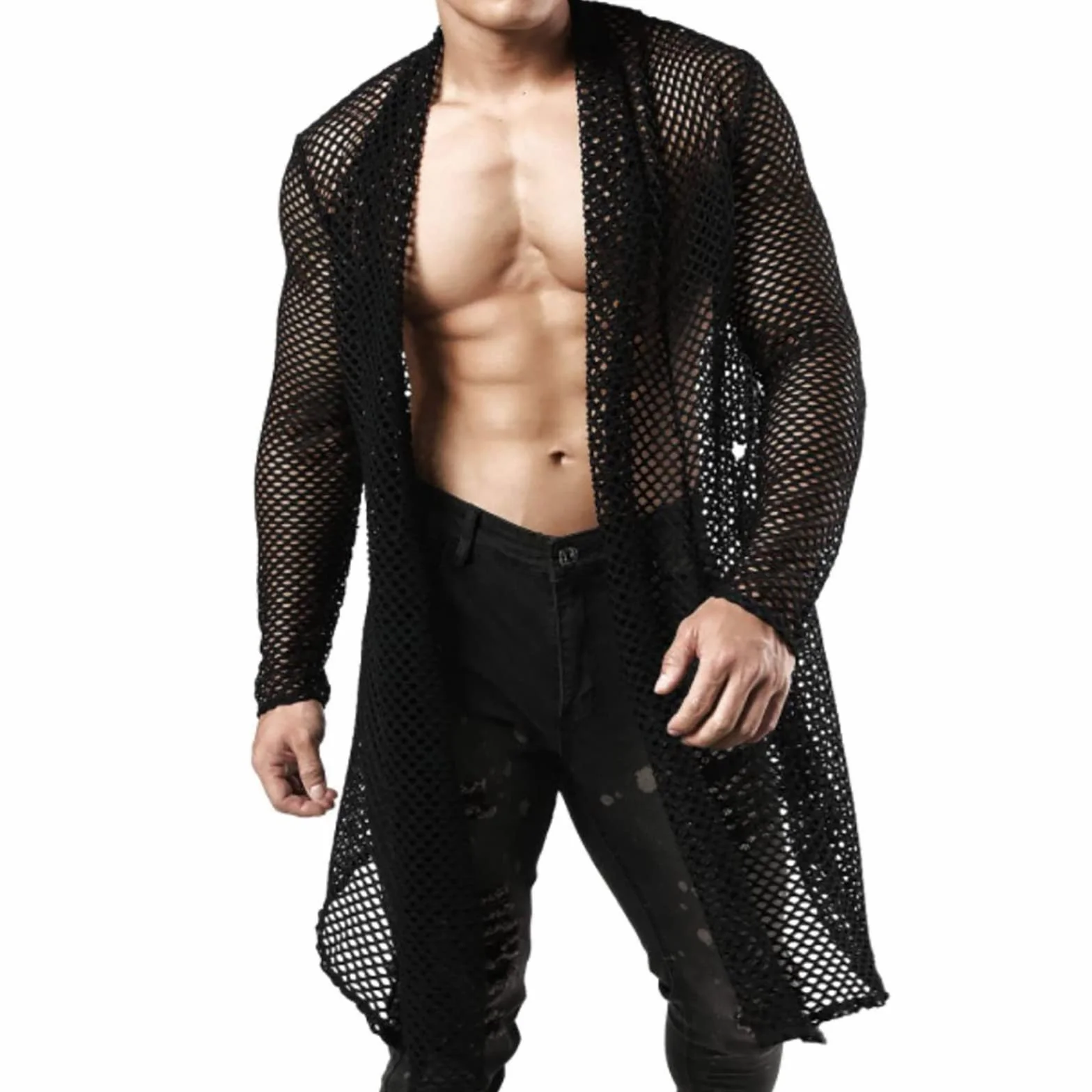 Sexy Style Maschio Cardigan Mesh Street Traspirante Manica Lunga Uomini