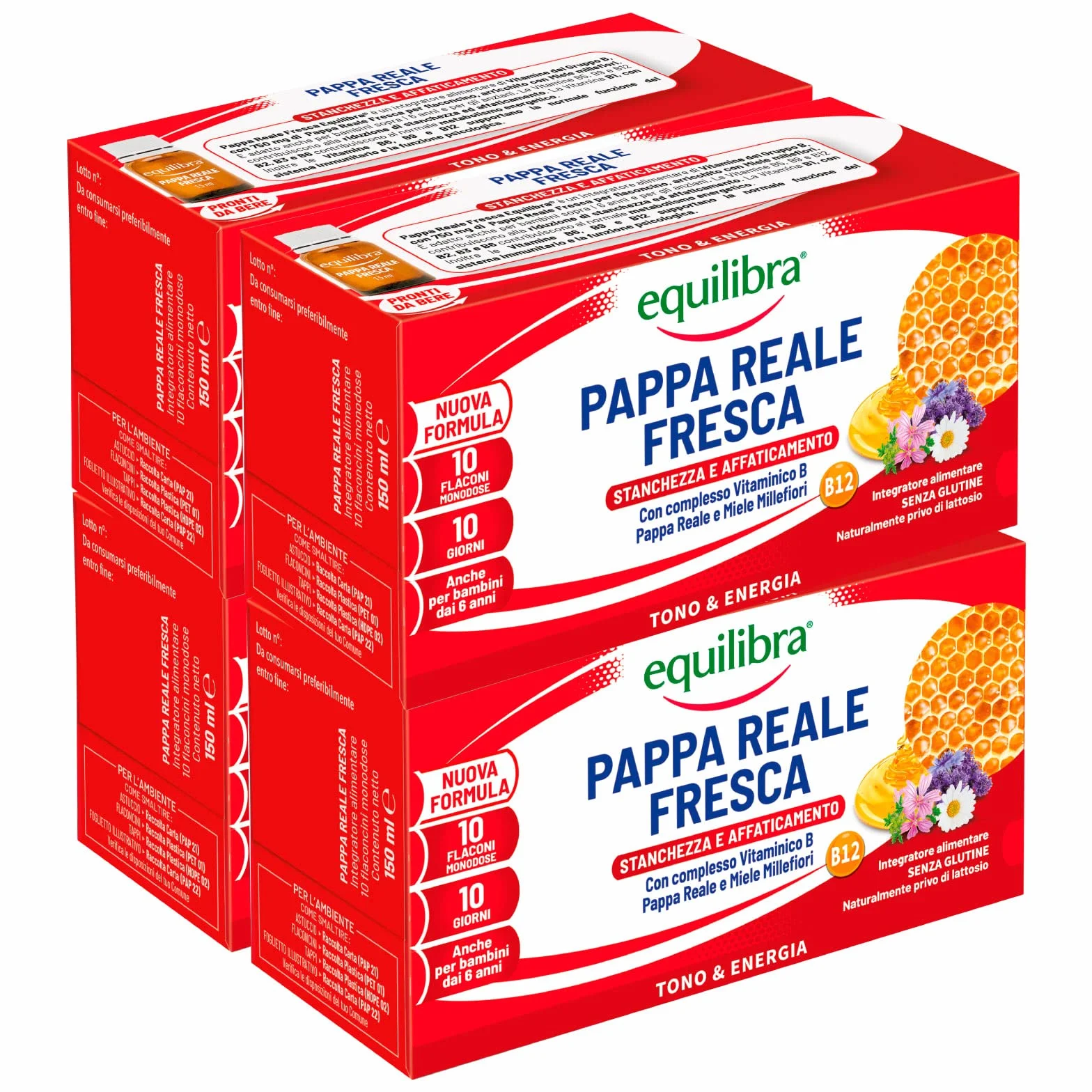 Equilibra Integratore Pappa Reale Fresca con Vitamina B e Miele Millefiori 4 Confezioni da 10 Flaconi 1000g