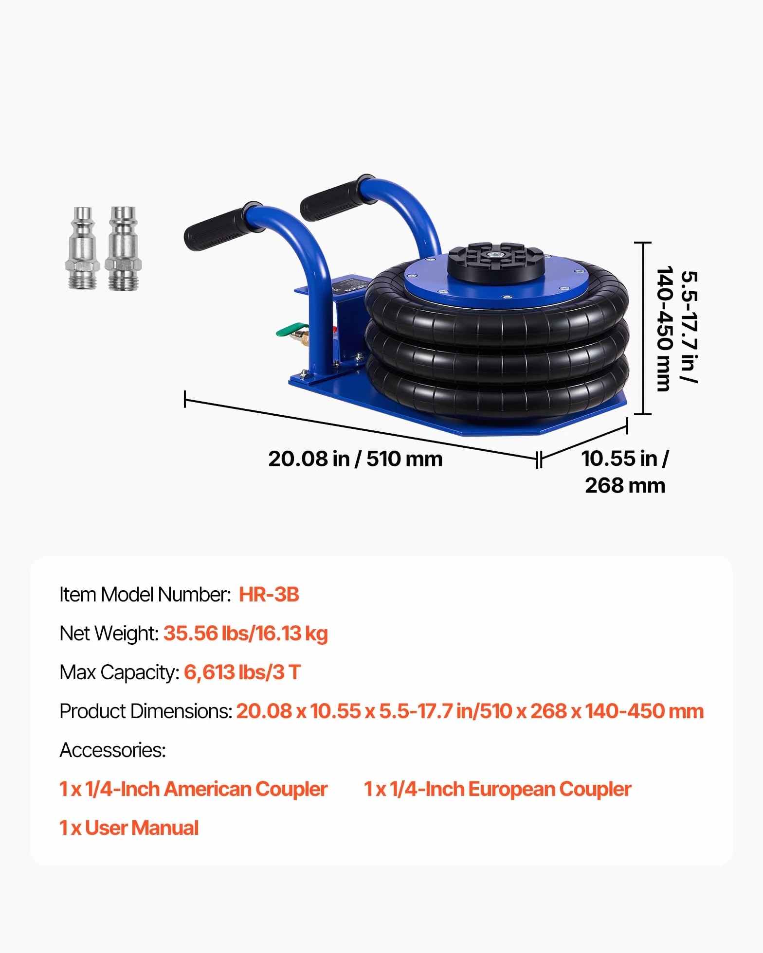 VEVOR Cric Pneumatico 3 Tonnellate 6 Tubi Acciaio Altezza 45 cm per Auto SUV Officine
