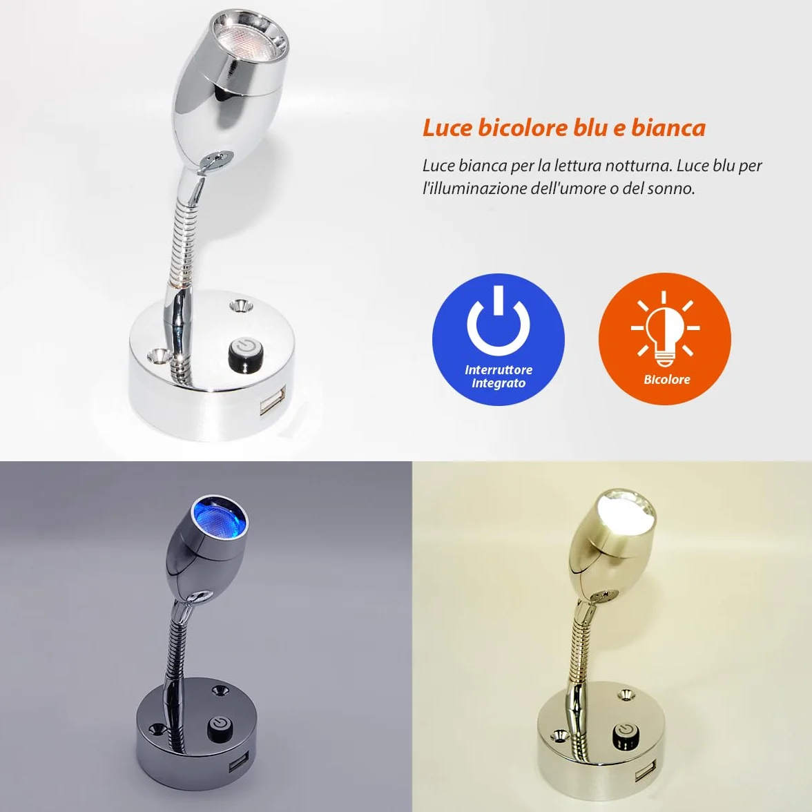 Dream Lighting Lampada da Lettura LED 12V con Presa USB Bicolore Bianco Caldo e Blu per Camper