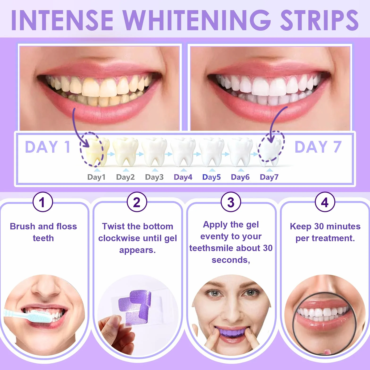 Professionale Strisce Sbiancanti Denti Viola, Rimuovere Macchie, Sorriso Bianco