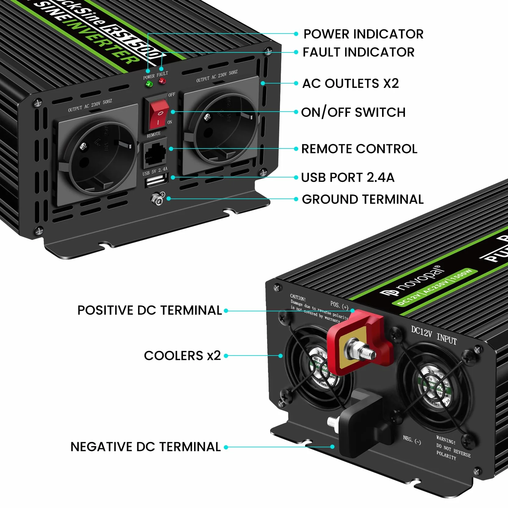 Novopal Inverter Onda Sinusoidale Pura 1500W DC 12V AC 220V 230V Convertitore di Tensione con Telecomando 5M