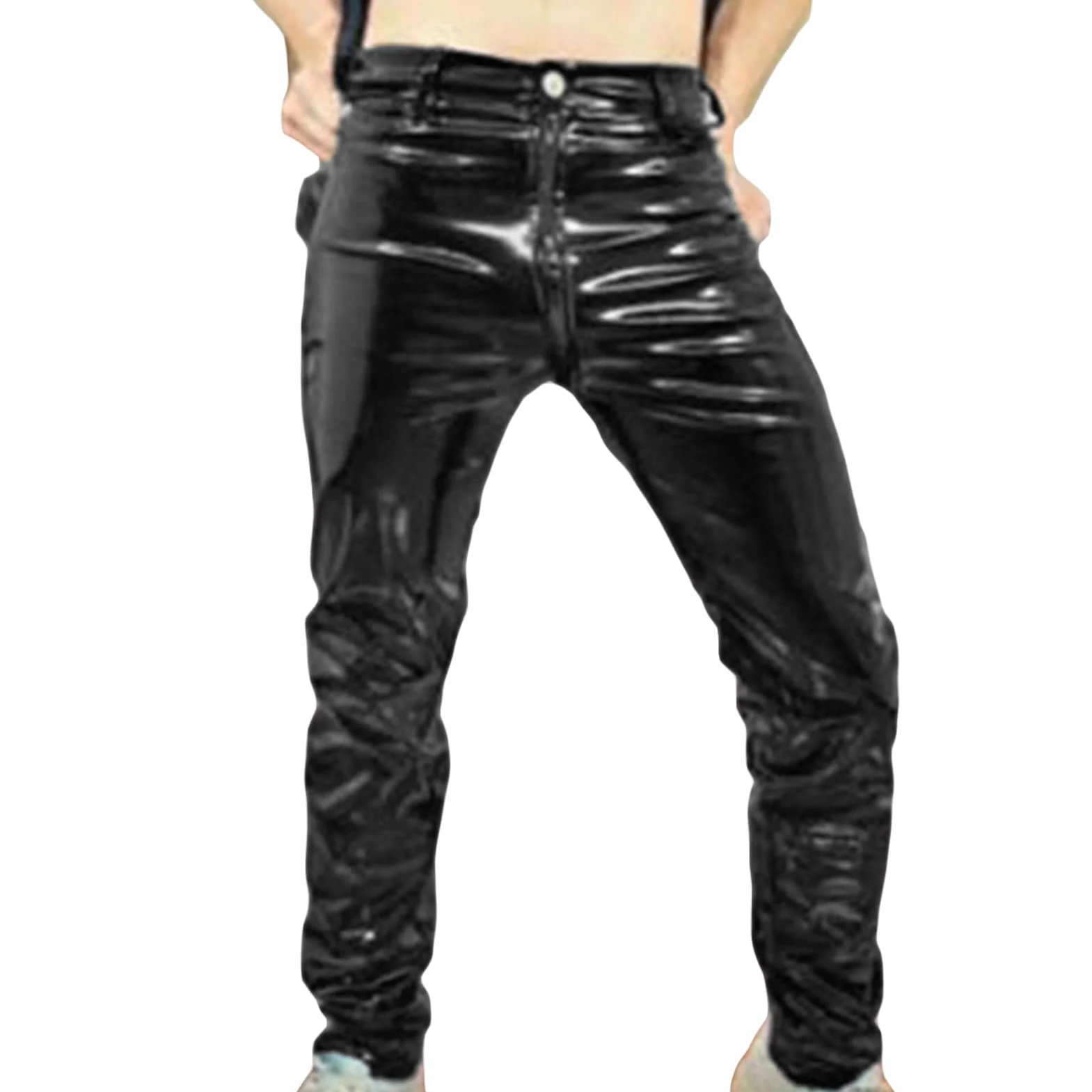 Pantaloni da uomo in ecopelle PU lucidi skinny Clubwear Slim Fit con cerniera