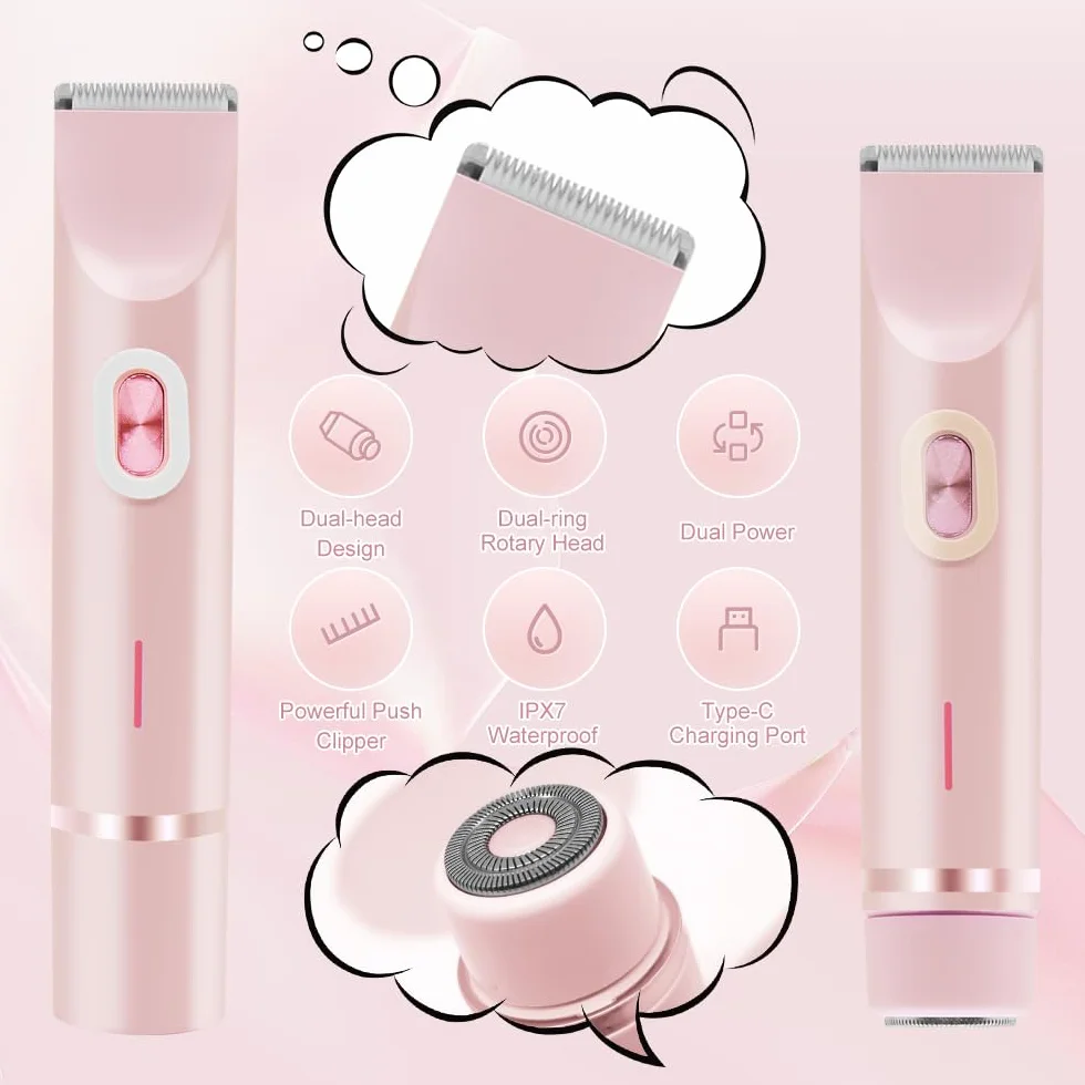 Trimmer bikini ricaricabile a doppia testa - Rasoio intimo elettrico depilatore linea bikini (Rosa)