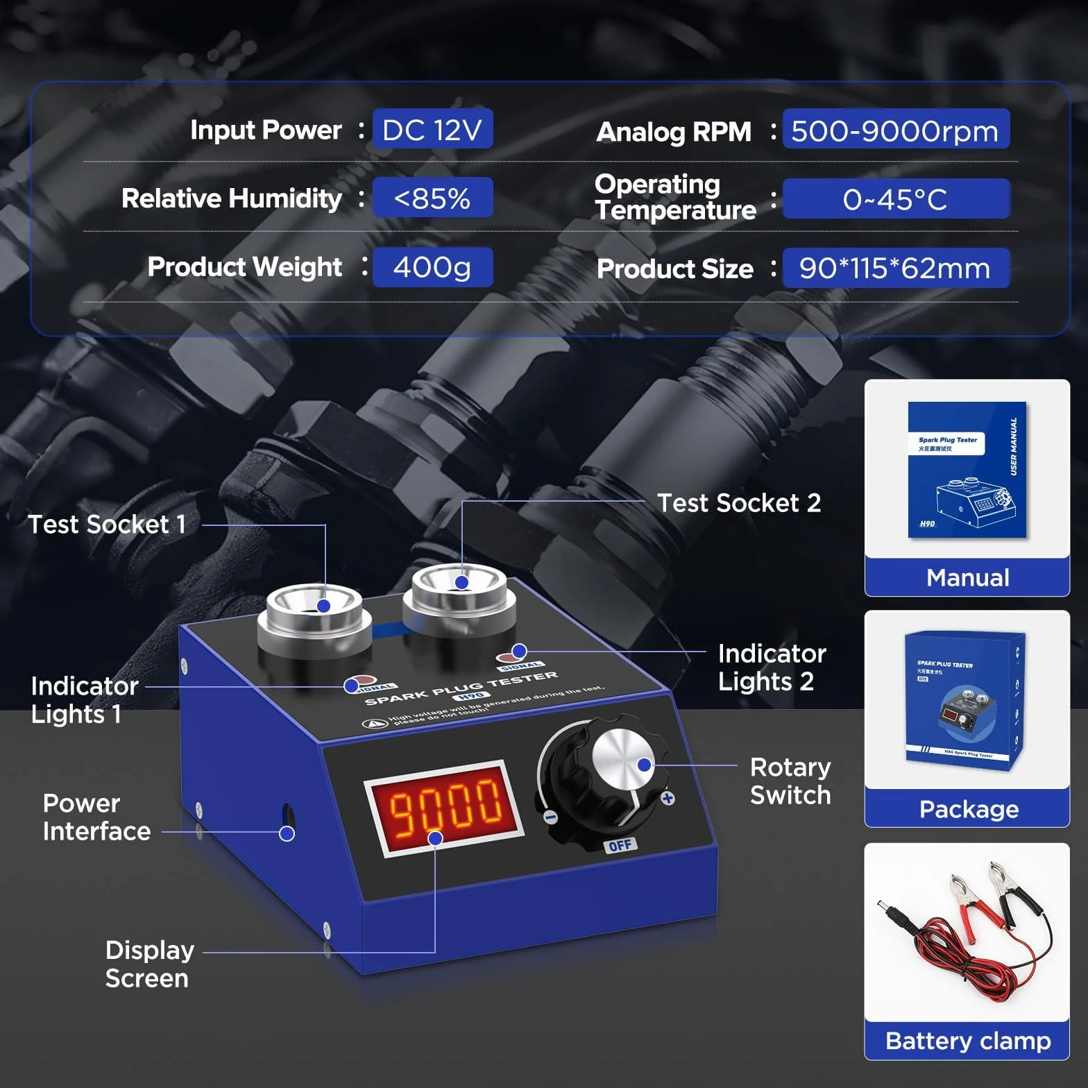 PLAYOCCAR Tester per candele 110V/220V 500~9000RPM 12V/24V con display