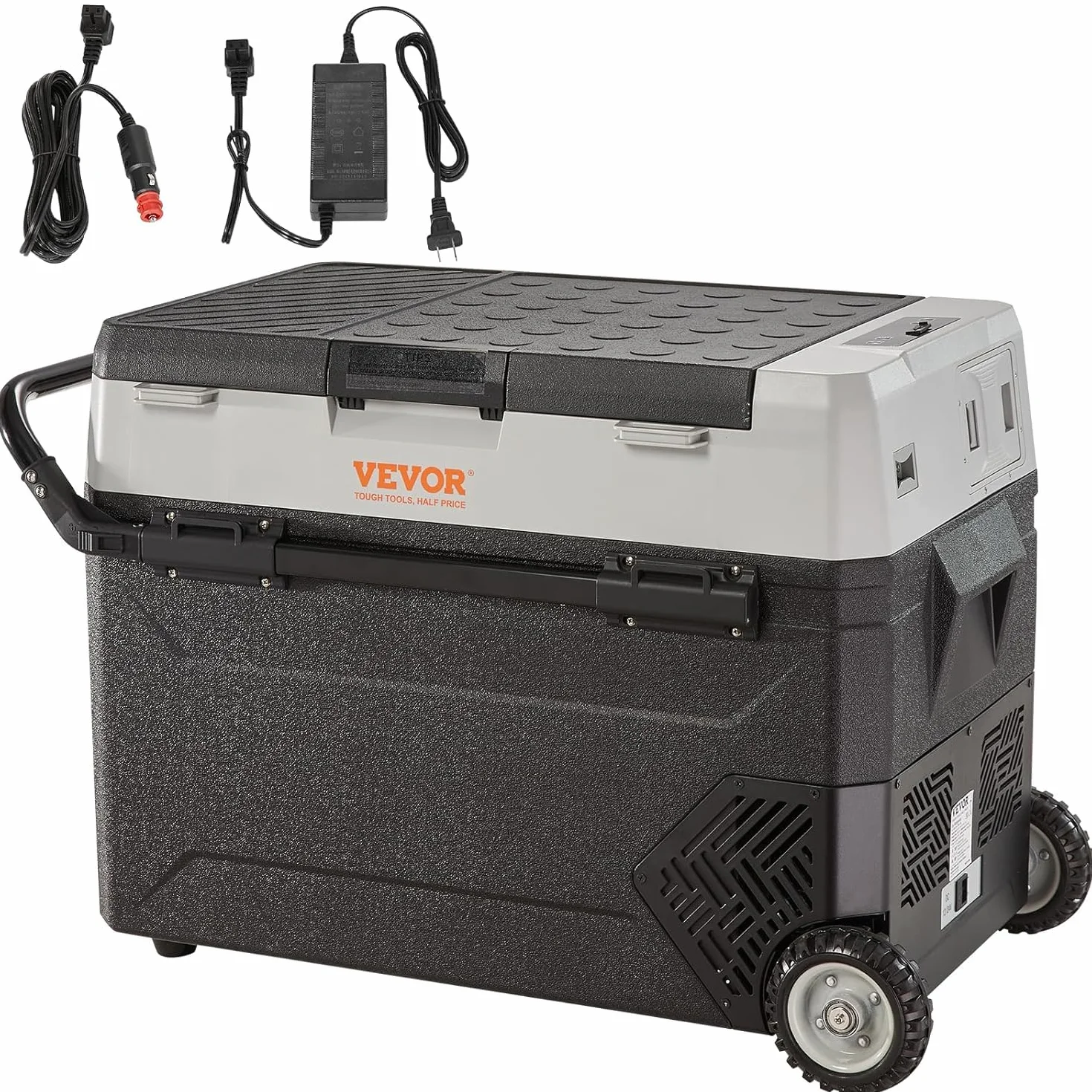 VEVOR Frigo Portatile per Auto, 53 Litri Frigorifero Compressore Congelatore Elettrico CC e CA per Campeggio con Manico Telescopico e Ruote 0,6kW.h da -20°C a 10°C Regolabile per Auto Camion Barca