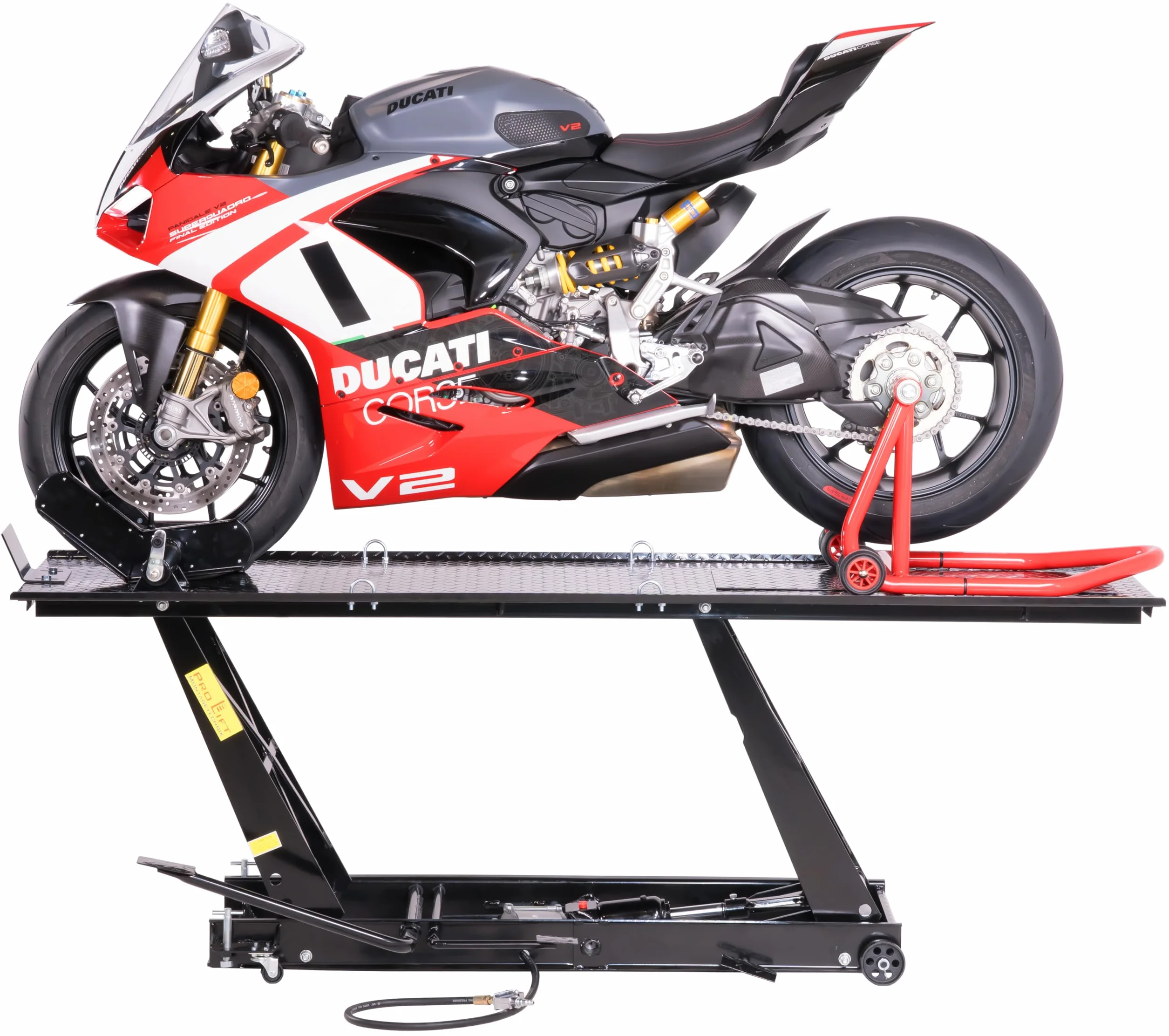 Ponte sollevatore per motocicletta, parallelogramma, 450 kg con pneumatico + azionamento a pedale, blu, PLB450-PAJ, 01646