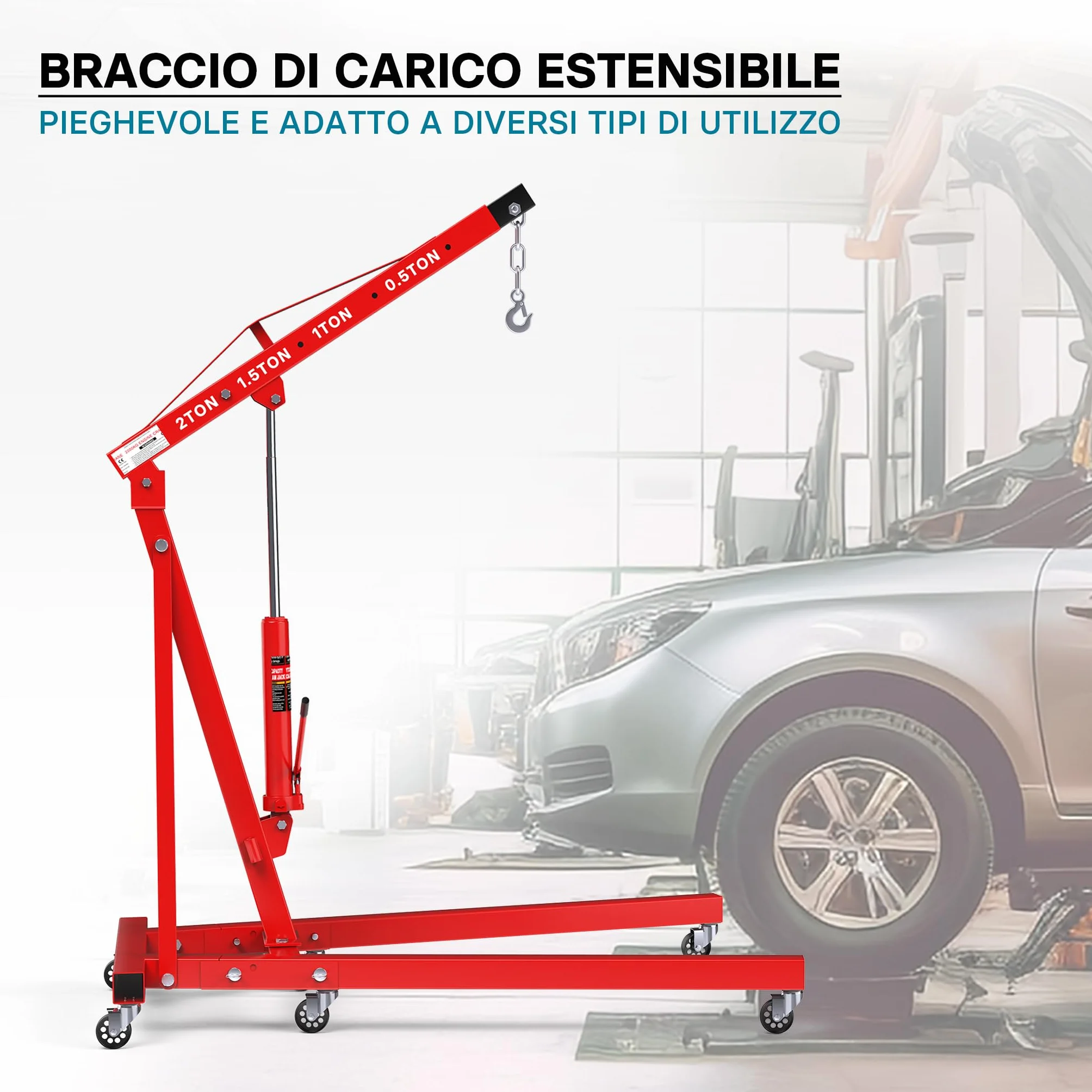 Wiltec gruetta idraulica da officina 2000kg, gru manuale pieghevole con doppia pompa