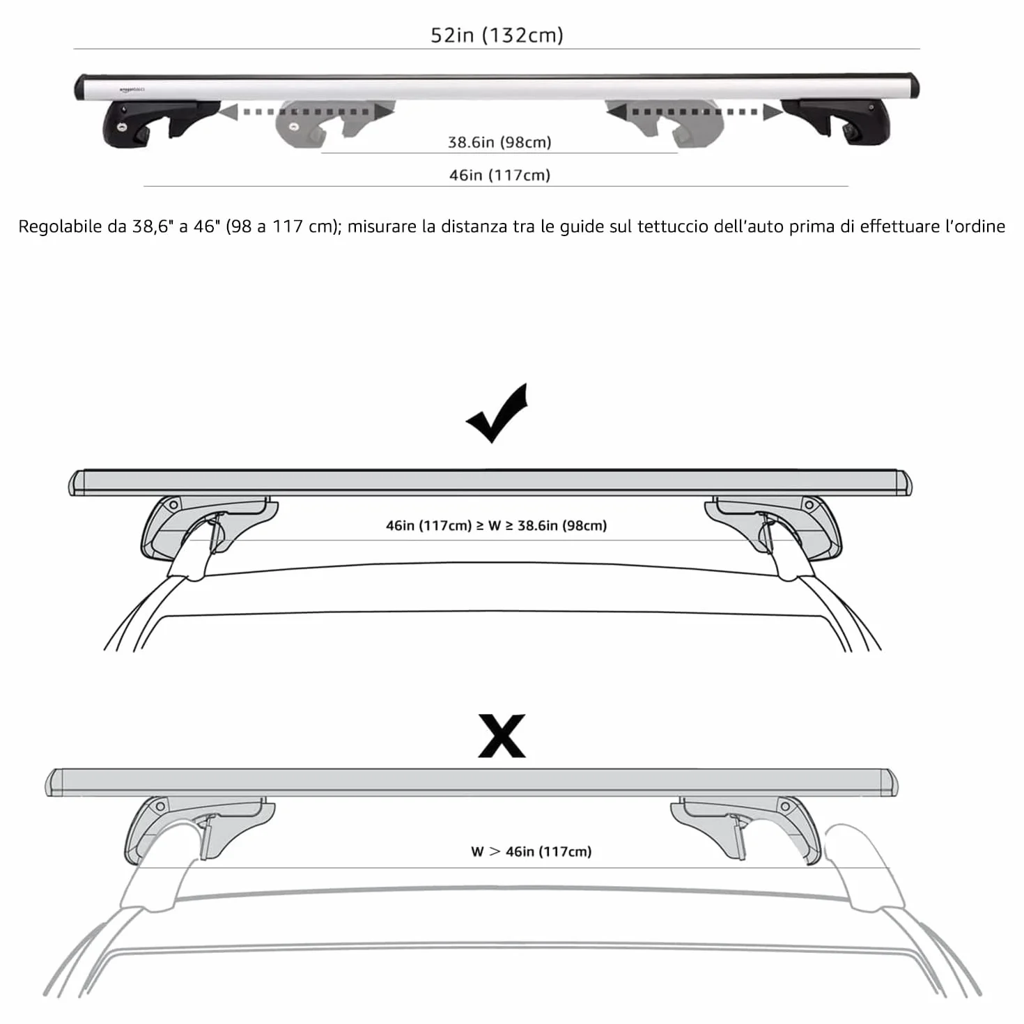 Amazon Basics Portapacchi da tetto a croce 132 cm per distanze fino 117 cm tra sponde con fessura 2 pezzi nero argento