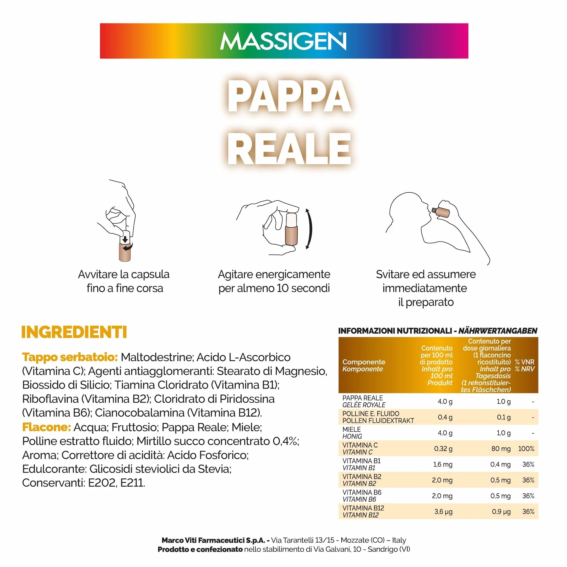 Massigen Pappa Reale Tonico Naturale Integratore Energetico Antiossidante Miele 10 Flaconcini 25 ml