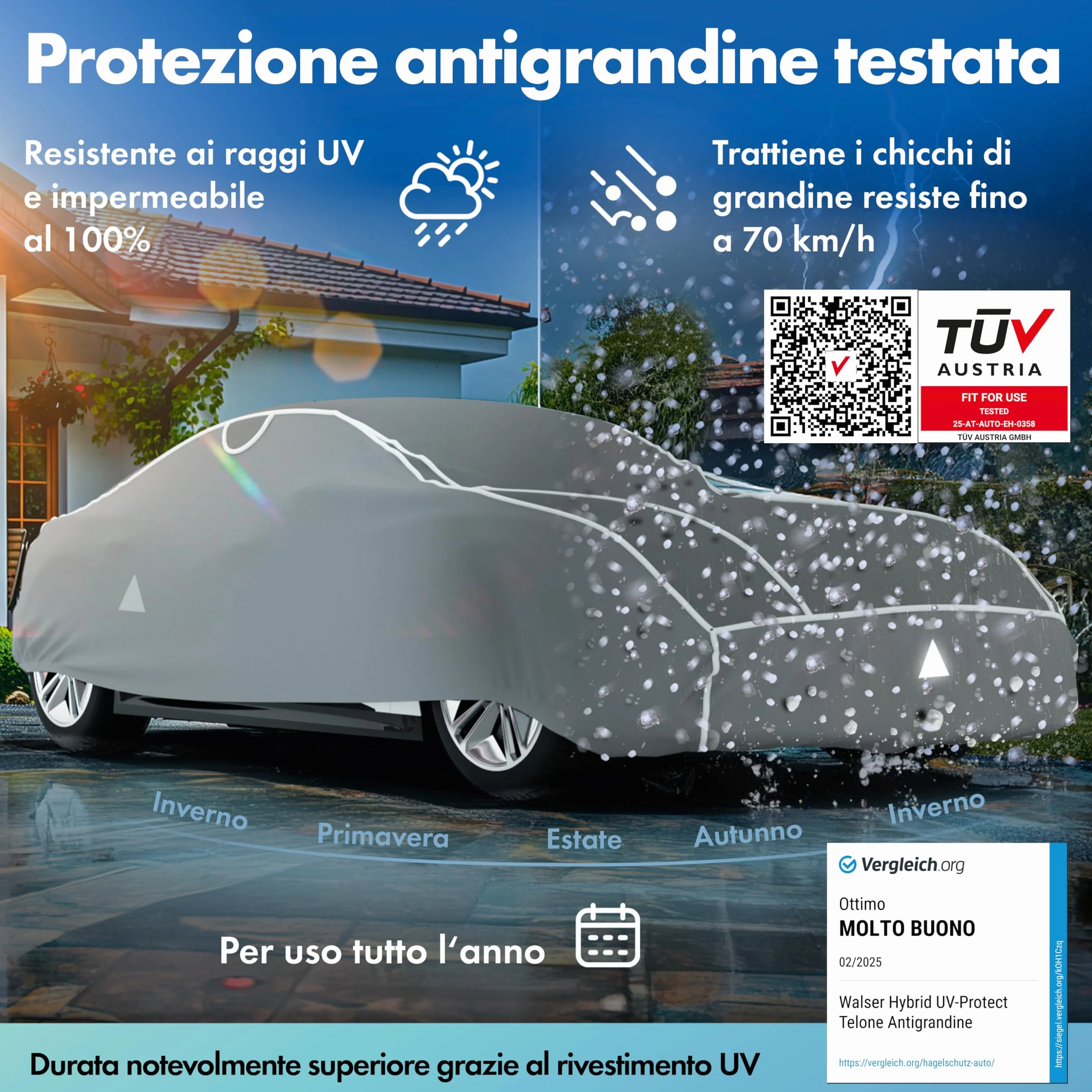 WALSER Premium telo antigrandine per auto Hybrid UV Protect, prodotto Molto Buono* telo copriauto impermeabile e traspirante, certificato dal TÜV Austria* copertura per auto antigrandine Misura 3