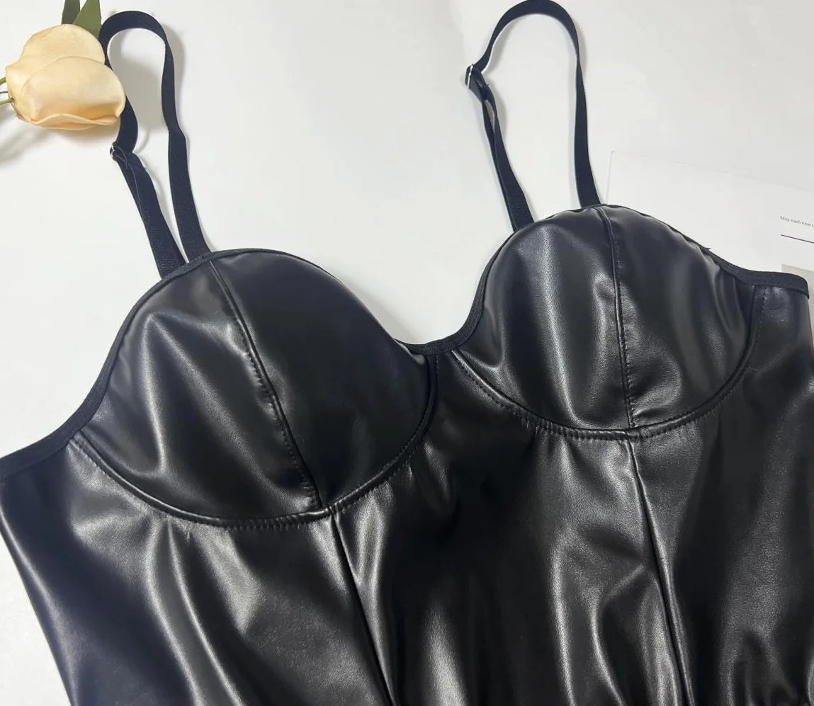 Sexy Donna Abito Corto in Pelle Linea A Vestito Mini Nero Latex Dress Wetlook Scollo V Lingerie PVC Pigiami da Notte Abito Senza Maniche per Halloween Natale Discoteca Clubwear S-XL
