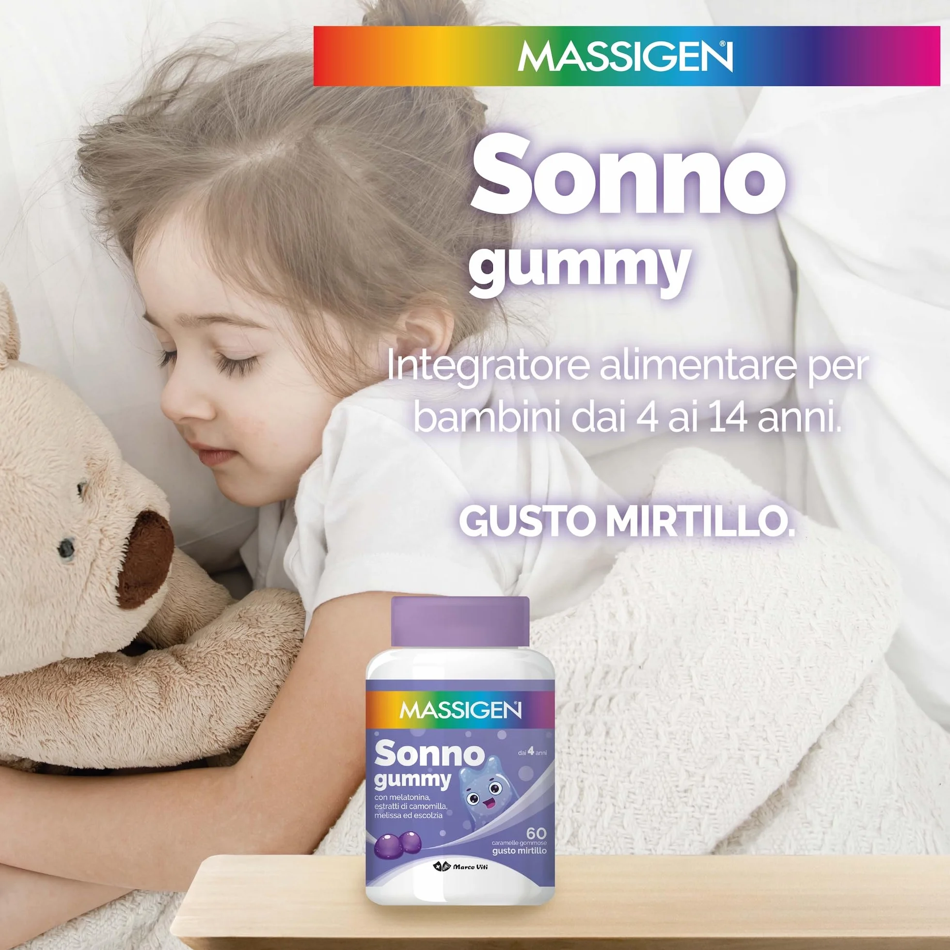 Massigen Sonno Gummy Integratore Alimentare con Melatonina e Estratti Naturali, 60 Caramelle da 3,3 g