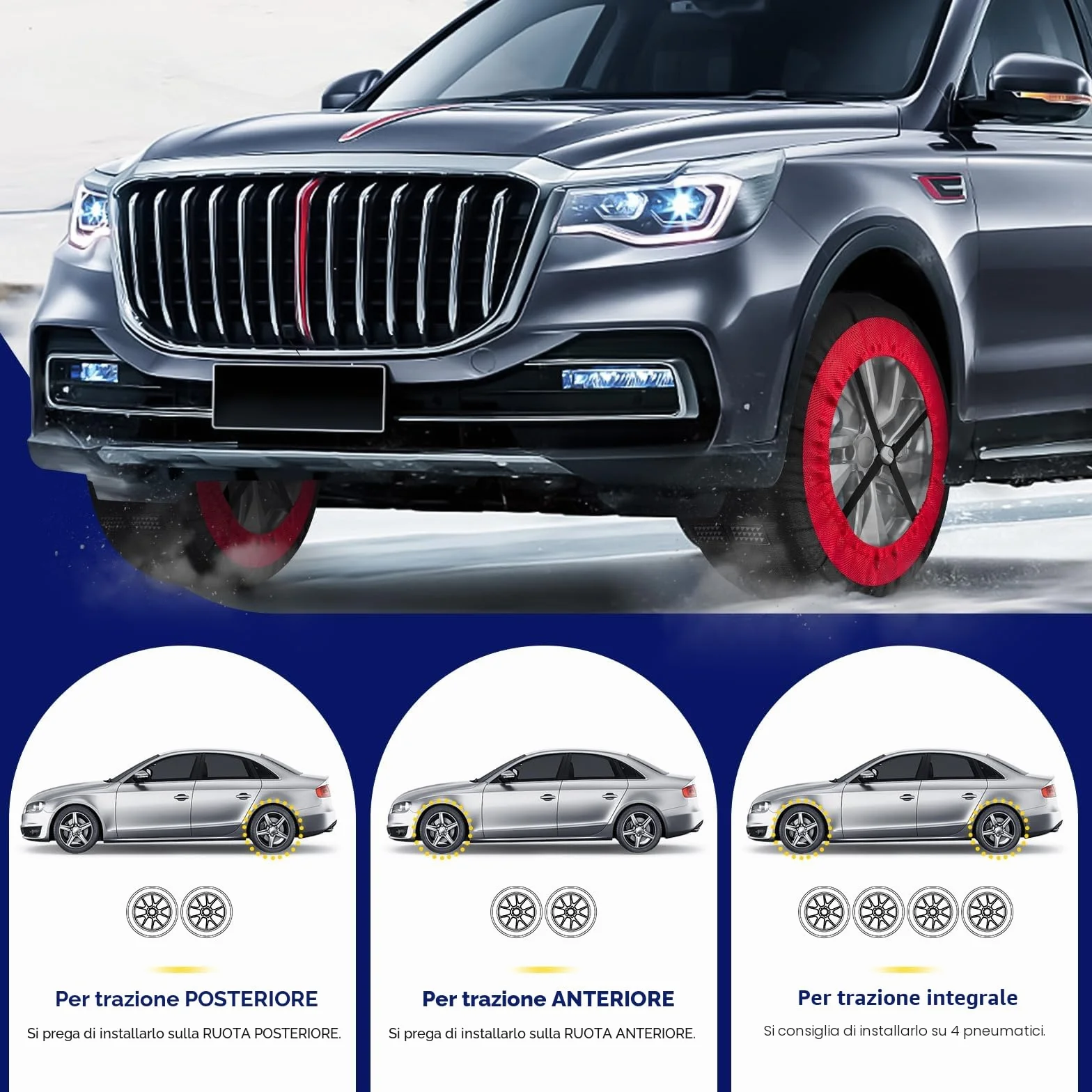 Calze da Neve Omologate Italia EN 16662-1,Catene da neve tessili omologate e ad alta sicurezza - Kit di 2 catene per auto + guanti (Rosso Nero, XL)