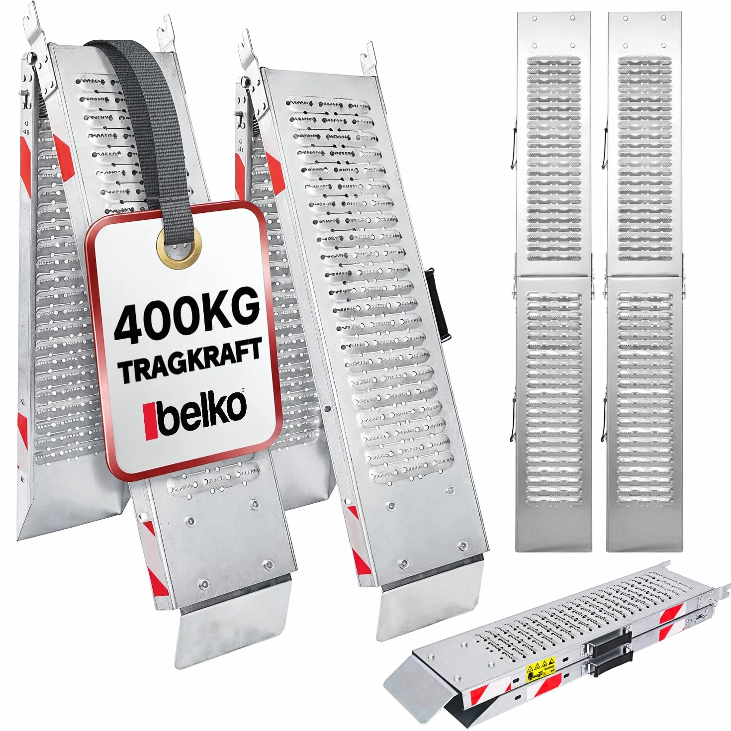 Belko® 2 rampe di carico pieghevoli, portata 400 kg, 168 x 23 cm, pieghevoli, in acciaio zincato, antiscivolo, perforate, per auto, moto, quad, ATV, rimorchio, rampa di carico