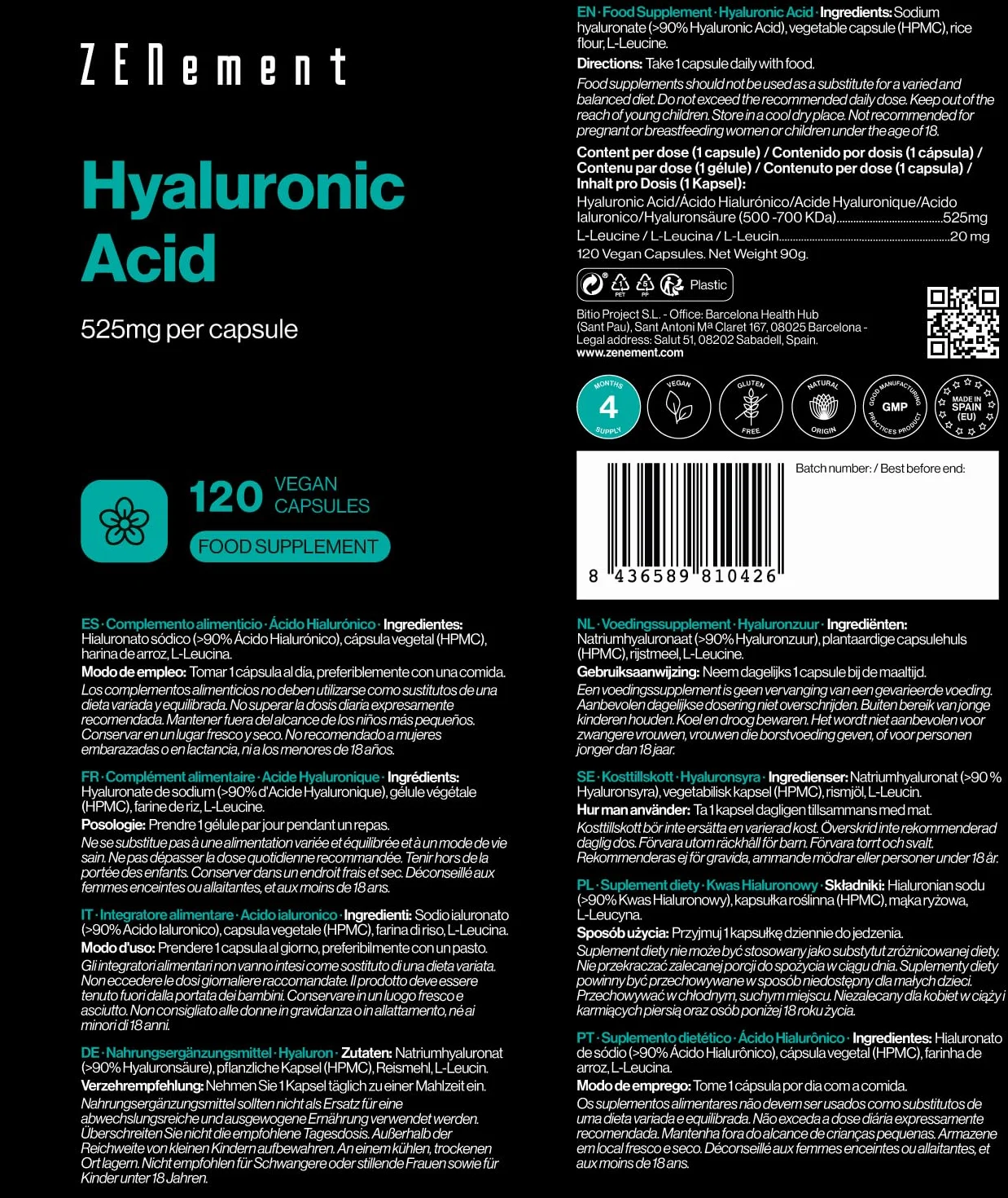 Acido Ialuronico Integratore 525mg 120 Capsule Alto Dosaggio 500-700 kDa Sodio Ialuronato