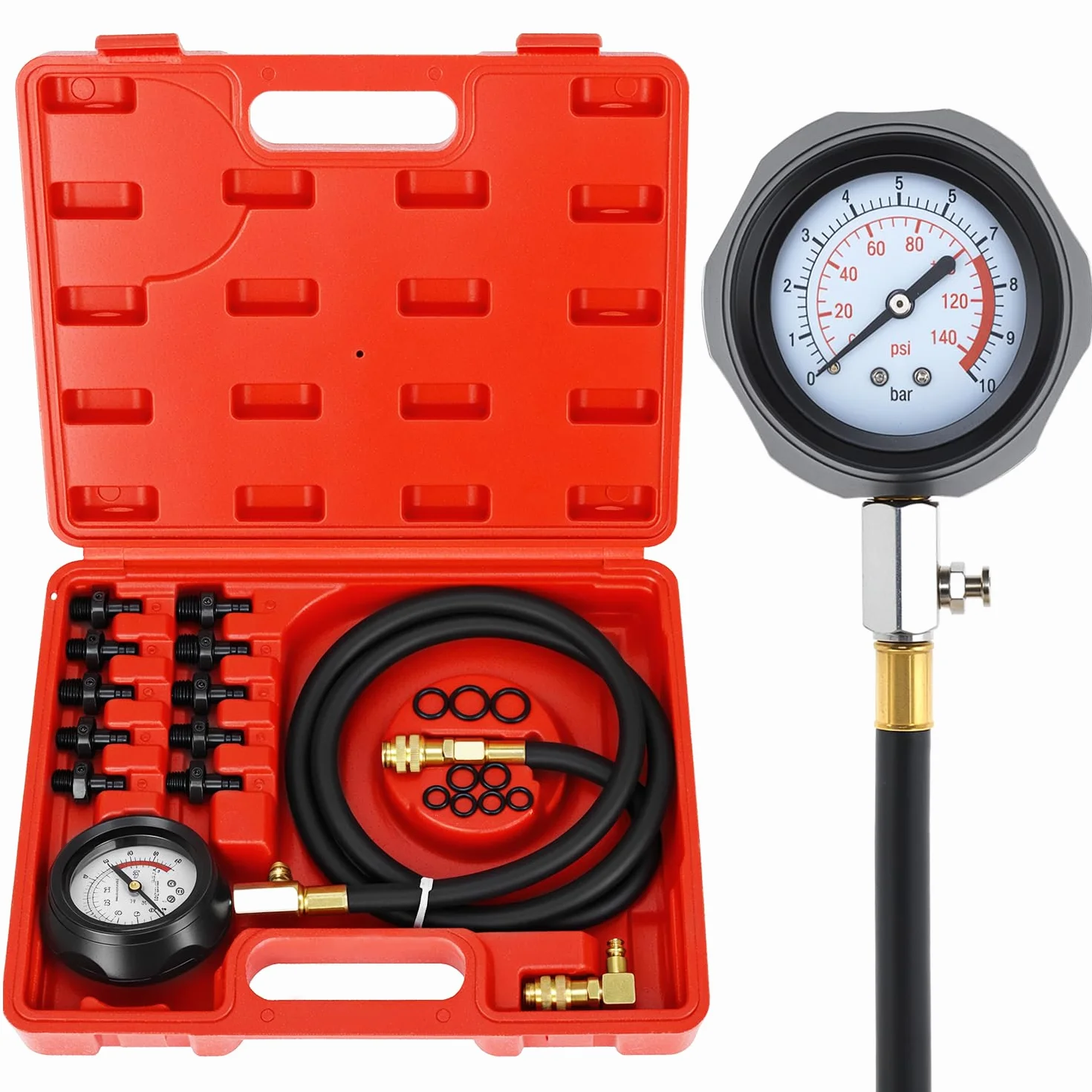 QWORK® Manometro per la pressione dell'olio, 140 PSI / 10 Bar, set di test per la pressione dell'olio nei cilindri motore con 10 adattatori, ideale per auto, moto e trattori
