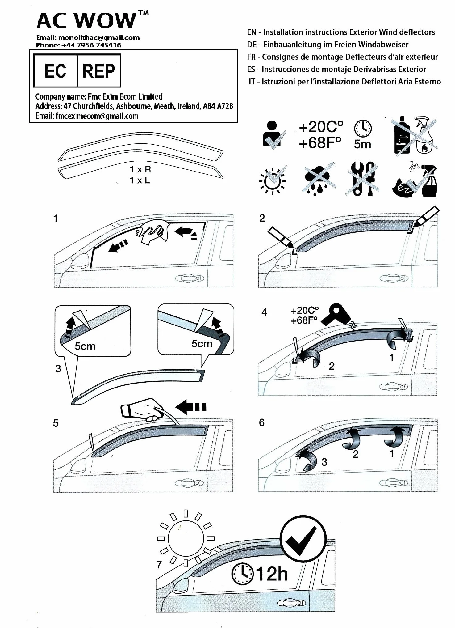 4 deflettori d'aria compatibili con BMW Serie 1 (F20) 5 porte 2011 2012 2013 2014 2015 2016 2017 2018 2019 acrilico