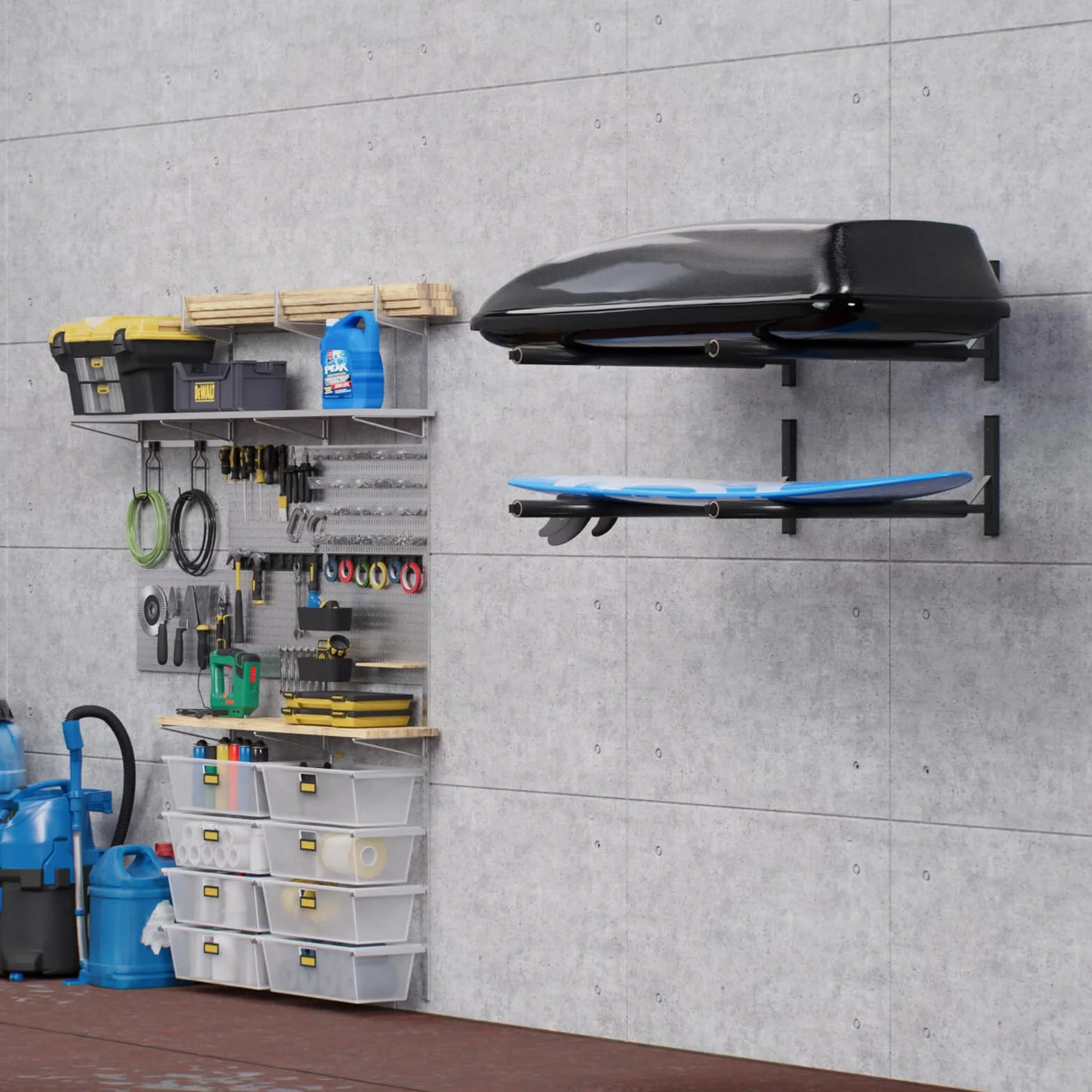 Supporto a parete per box da tetto da 82 cm WSB O nero in acciaio per la conservazione di bauletti da tetto, attrezzi da giardino scatole portatutto per sport tavole da surf e iSUP