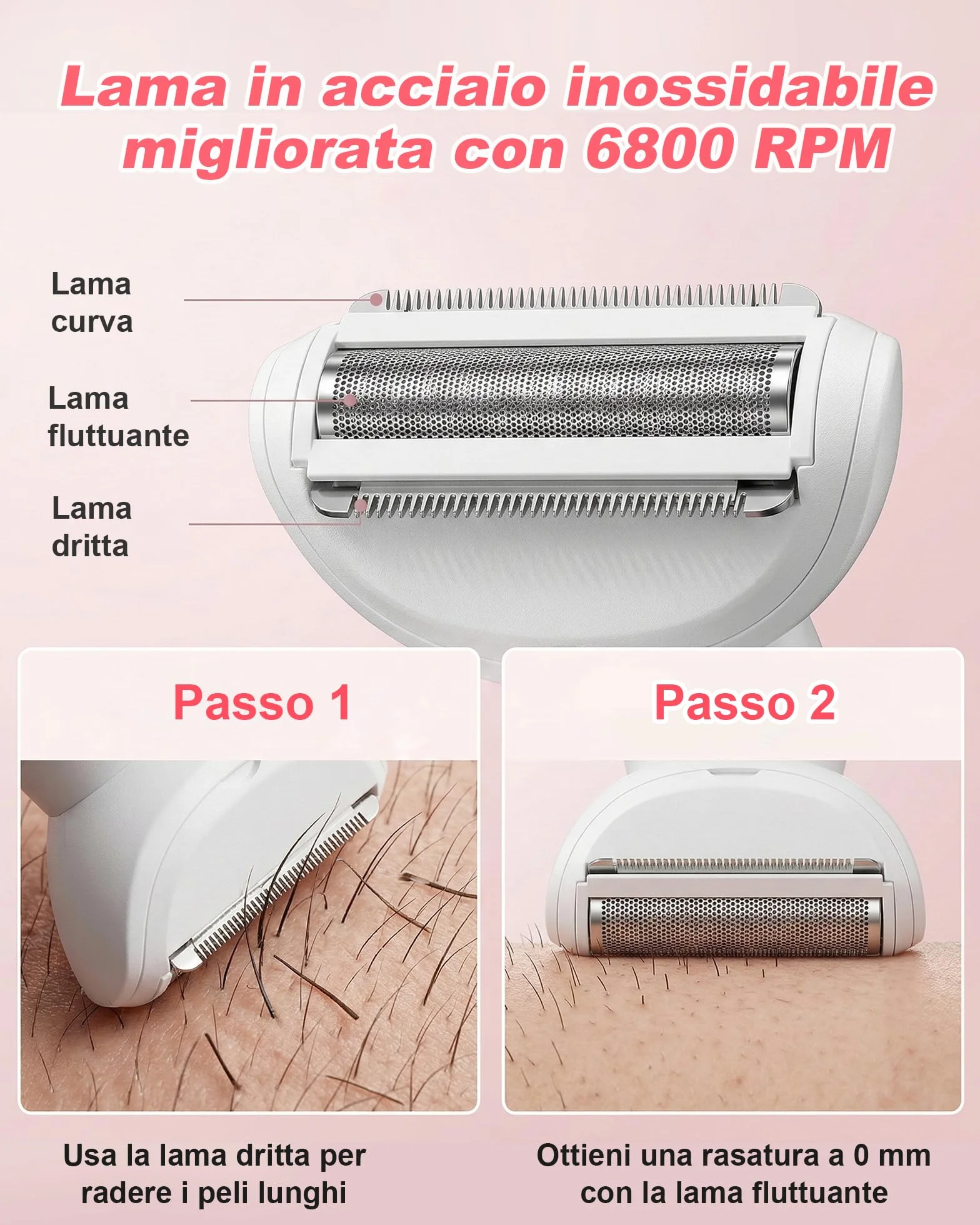 Carehabi Rasoio Elettrico Donna 5 in 1 IPX7 Impermeabile Depilatore Indolore Viso Corpo Bikini Sopracciglia Lady Shaver Base Ricarica USB