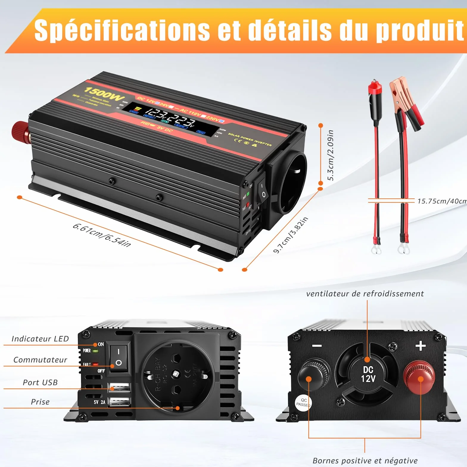 Inverter 1500 W 12 V 220 V Sinus puro Convertitore Auto Camper Camion 2 x USB