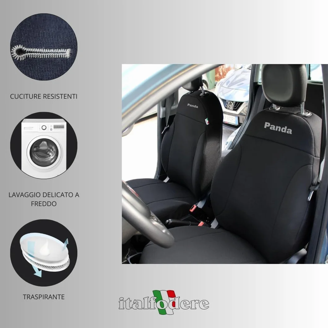 Italfodere Coprisedili Anteriori Compatibili Fiat Panda 2012 III Serie Cotone Accoppiato Nero