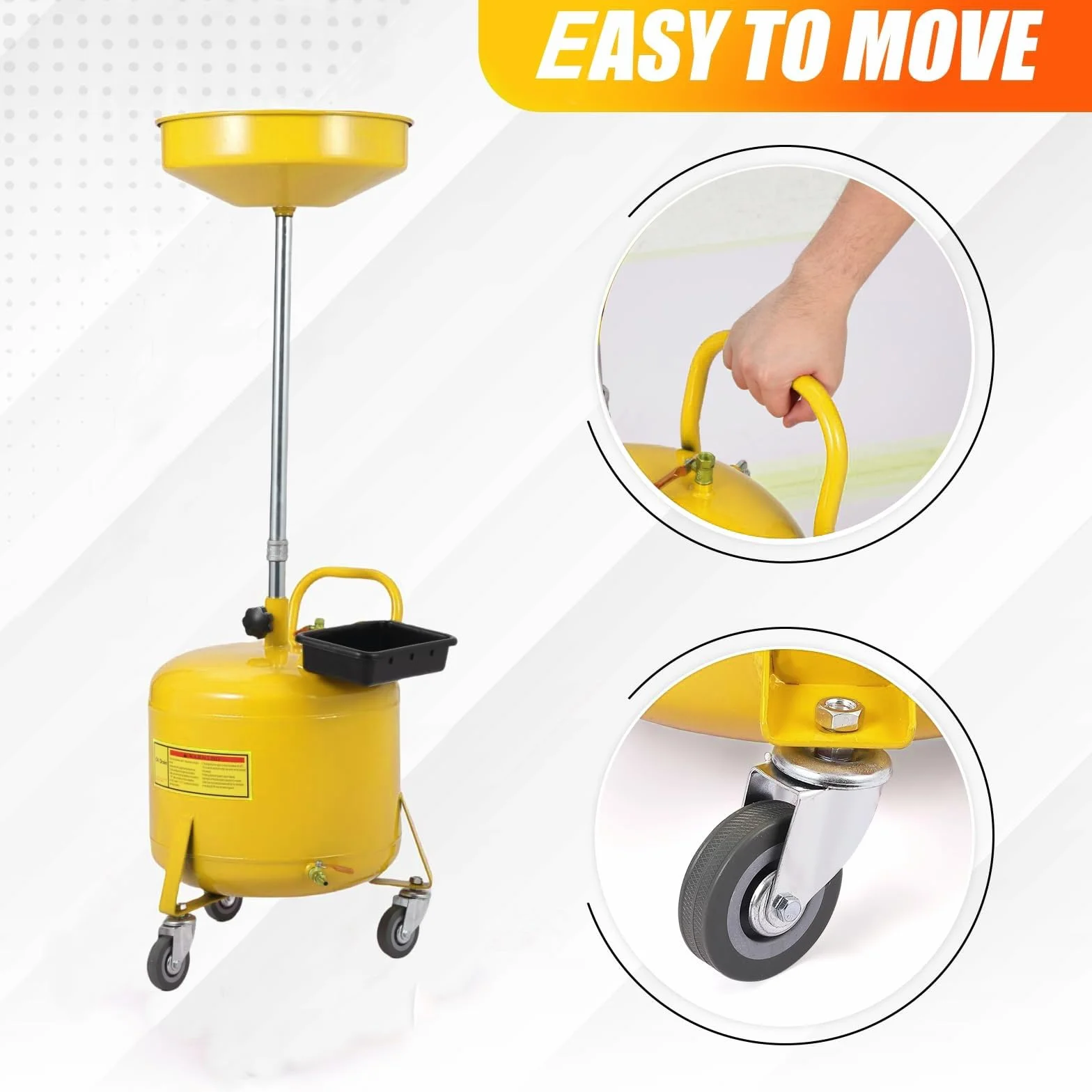 Serbatoio Raccolta Olio esausto 30L per Officina e Garage - Portatile con Ruote - Funzionamento Pneumatico - Altezza Regolabile 71-157cm - Imbuto Largo - Giallo