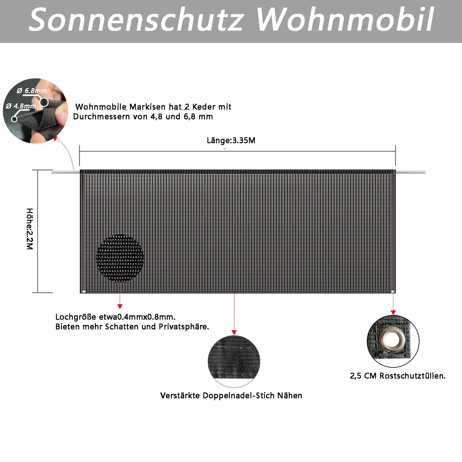 Parasole per camper, tende da sole, parasole universale, con diametro di 4,8 mm e 6,8 mm, pareti anteriori per tende da sole con set completo, 2,2 m x 3,35 m
