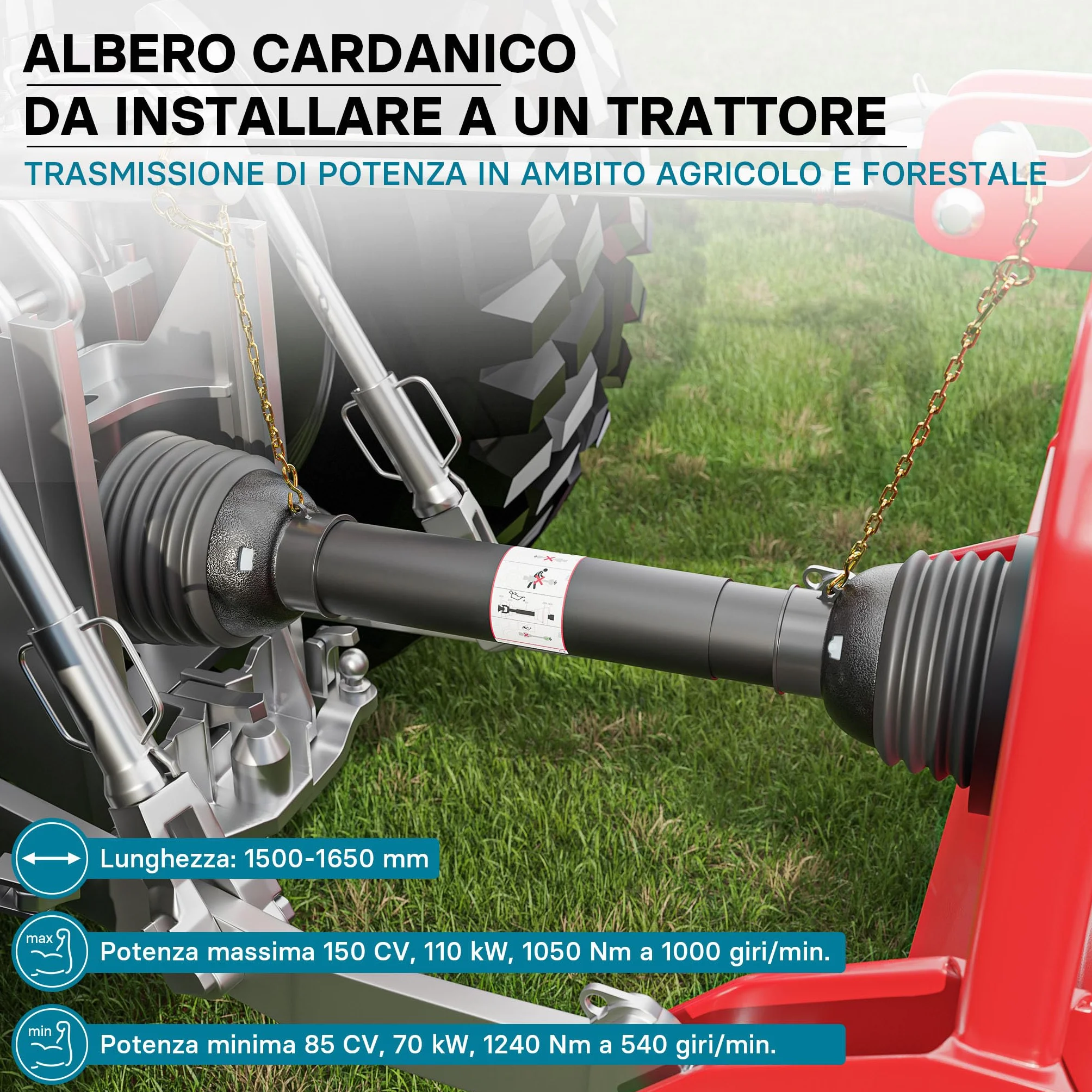 Wiltec Albero cardanico T8 Giunto cardanico 1500-1650mm 1240Nm 540rpm Cardano 110kW 150CV 2X 1 3/8" 6 Denti