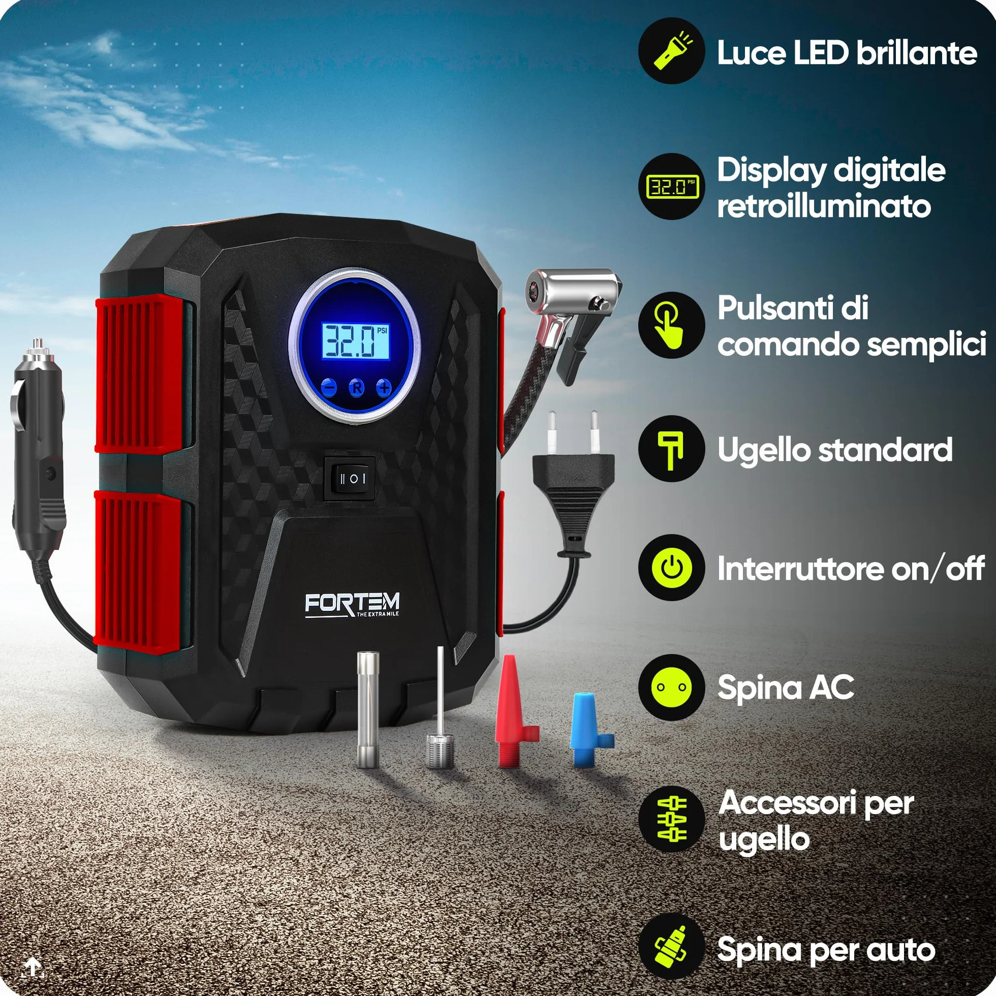 FORTEM Compressore Aria Portatile Manometro Digitale Gonfiaggio Automatico