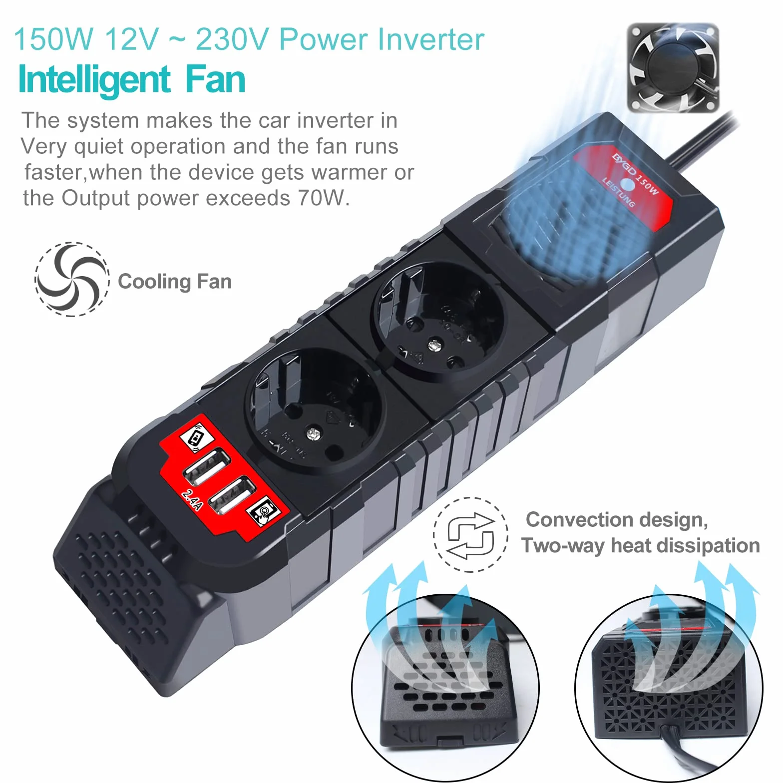Inverter 12V 220V 150W Convertitore Tensione DC 12V a 230V AC per Auto Camper con 2 Porte USB