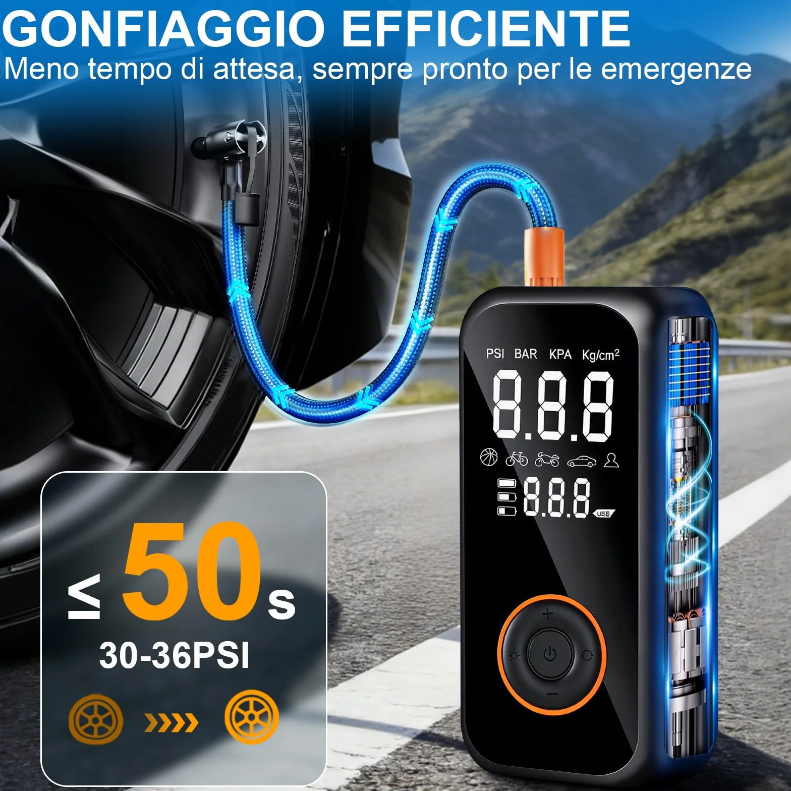 Compressore Aria Portatile Auto 8000mAh 150PSI Pompa Bici Elettrica con Schermo LCD e Torcia LED