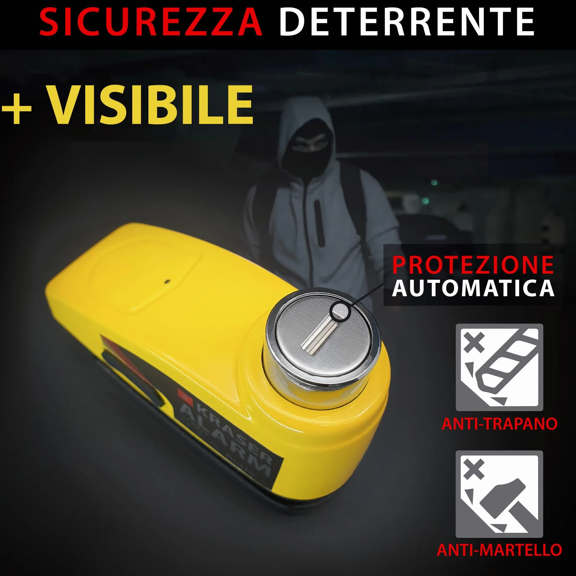 KRASER KR7Y Antifurto Moto Blocca Disco con Allarme 110dB, USB Batteria Ricaricabile, Sensori Movimento, Impermeabile Resistente Visibile, Blocco Veloce, Lucchetto Bloccadisco Sonoro 7mm Universale