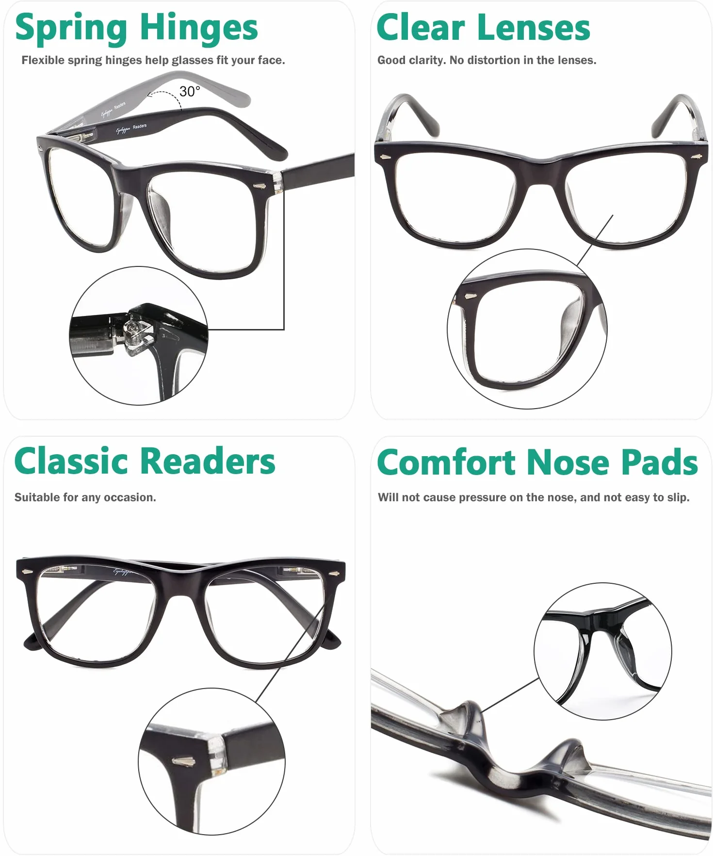 Eyekepper Occhiali da Lettura con Cerniere a Molla Lenti Trasparenti Resistente Nero 0.50