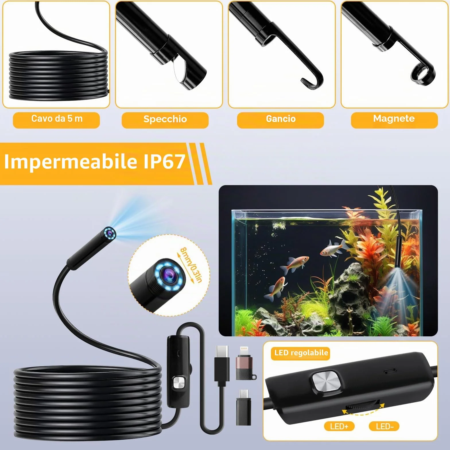 Endoscopio 1080P HD impermeabile IP67 con luce LED 5m tipo C per Android iOS tablet