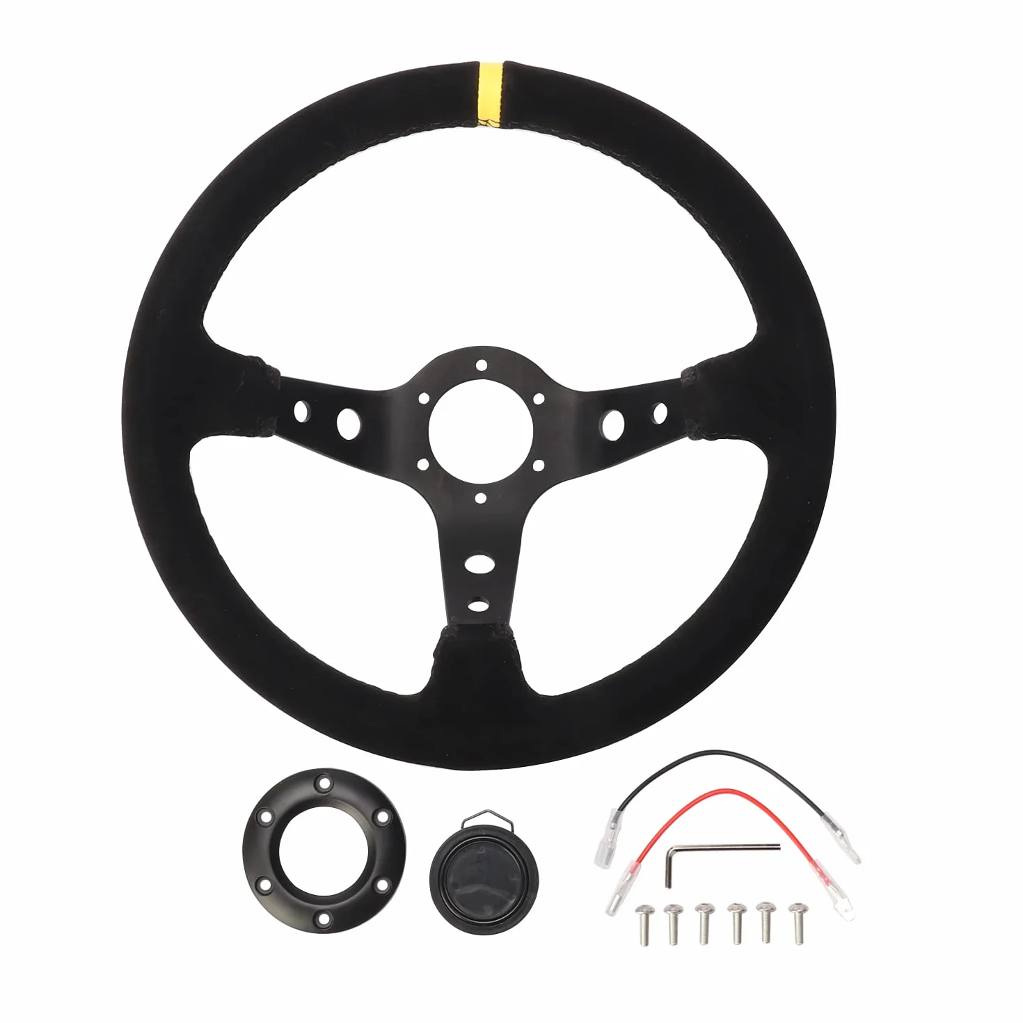 aleawol Volante sportivo universale per auto, 14 pollici, 350 mm, per motociclisti, in pelle scamosciata, da corsa, per la codifica automatica, imitazione di volanti da corsa (nero + giallo a righe)