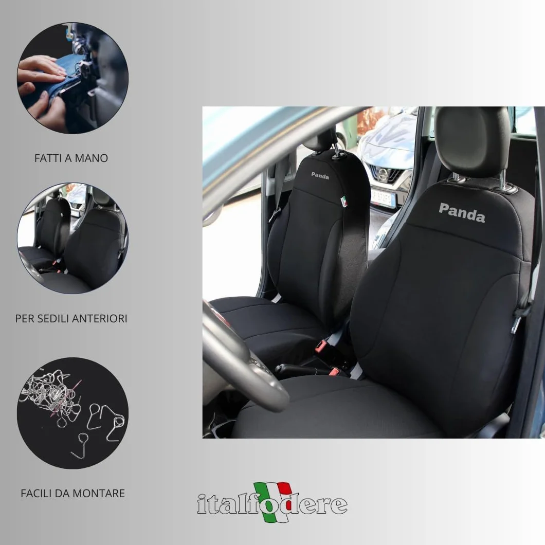 Italfodere Coprisedili Anteriori Compatibili Fiat Panda 2012 III Serie Cotone Accoppiato Nero