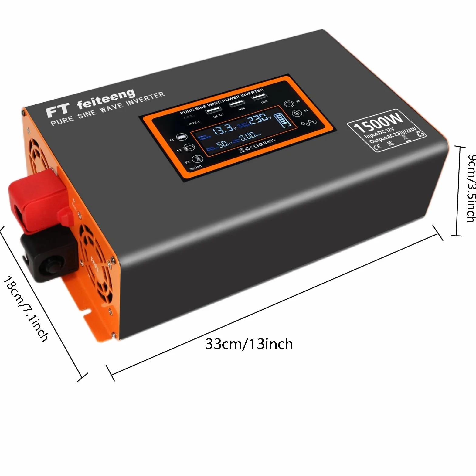 1500W/3000W Pure Sine Wave Inverter 12V 220V LCD Display with Remote, USB-C & QC 3.0 for Car, Camper, Truck