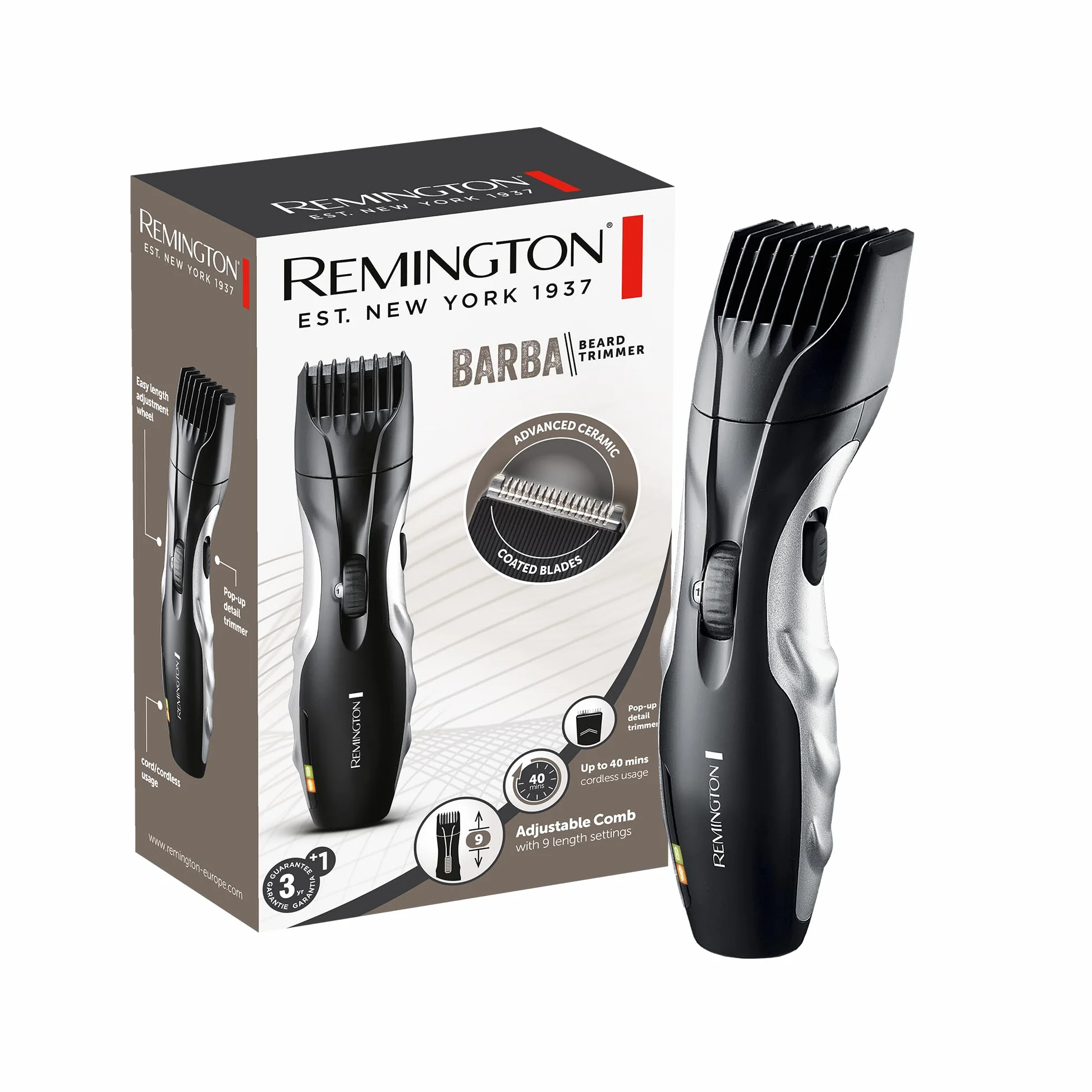 Remington Regolabarba Uomo MB320C - 9 impostazioni lunghezza 1,5-18 mm, rete/batteria, LED carica