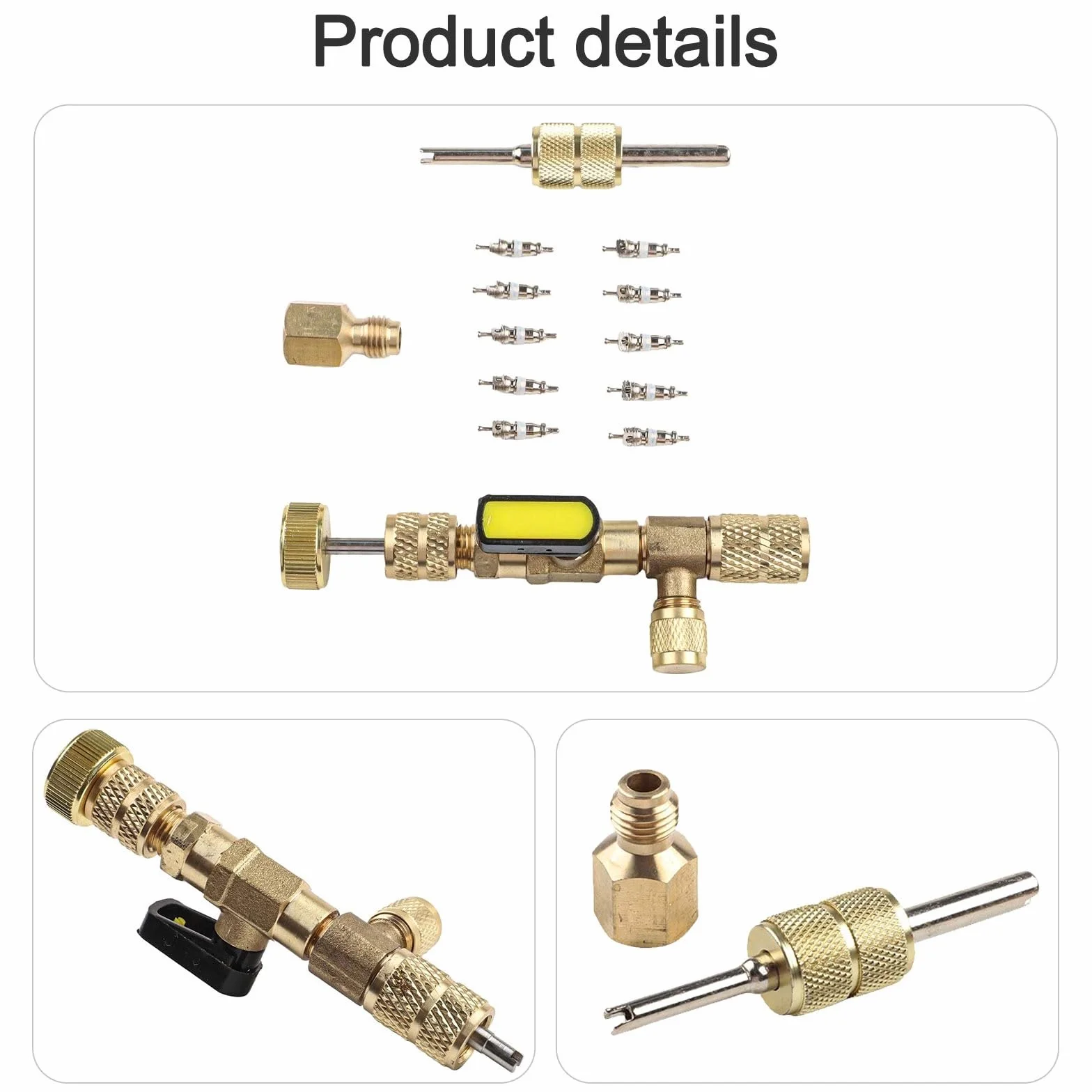 Zawór rdzenia narzędzie do usuwania z mosiądzu adapterem, zestaw naprawczy HVAC R12 R22 R410A R32 AC, 10 sztuk nakrętek 5/16 1/4 cala