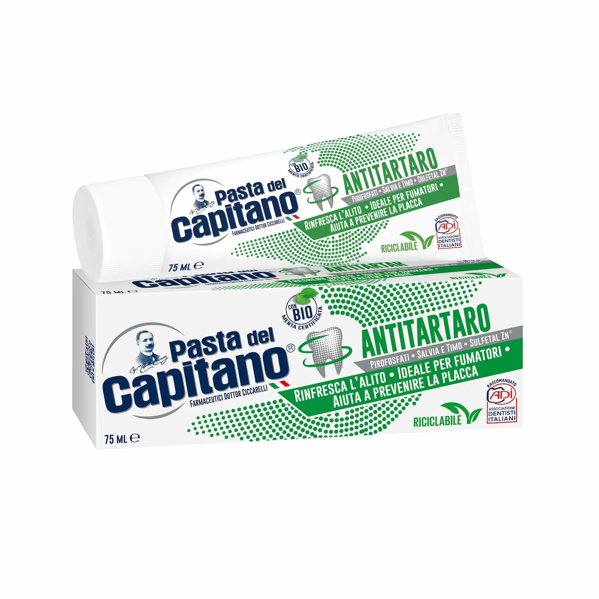 Pasta del Capitano Dentifricio Antitartaro Bio 75 ml - Freschezza per Fumatori, Antiplacca, Made in Italy