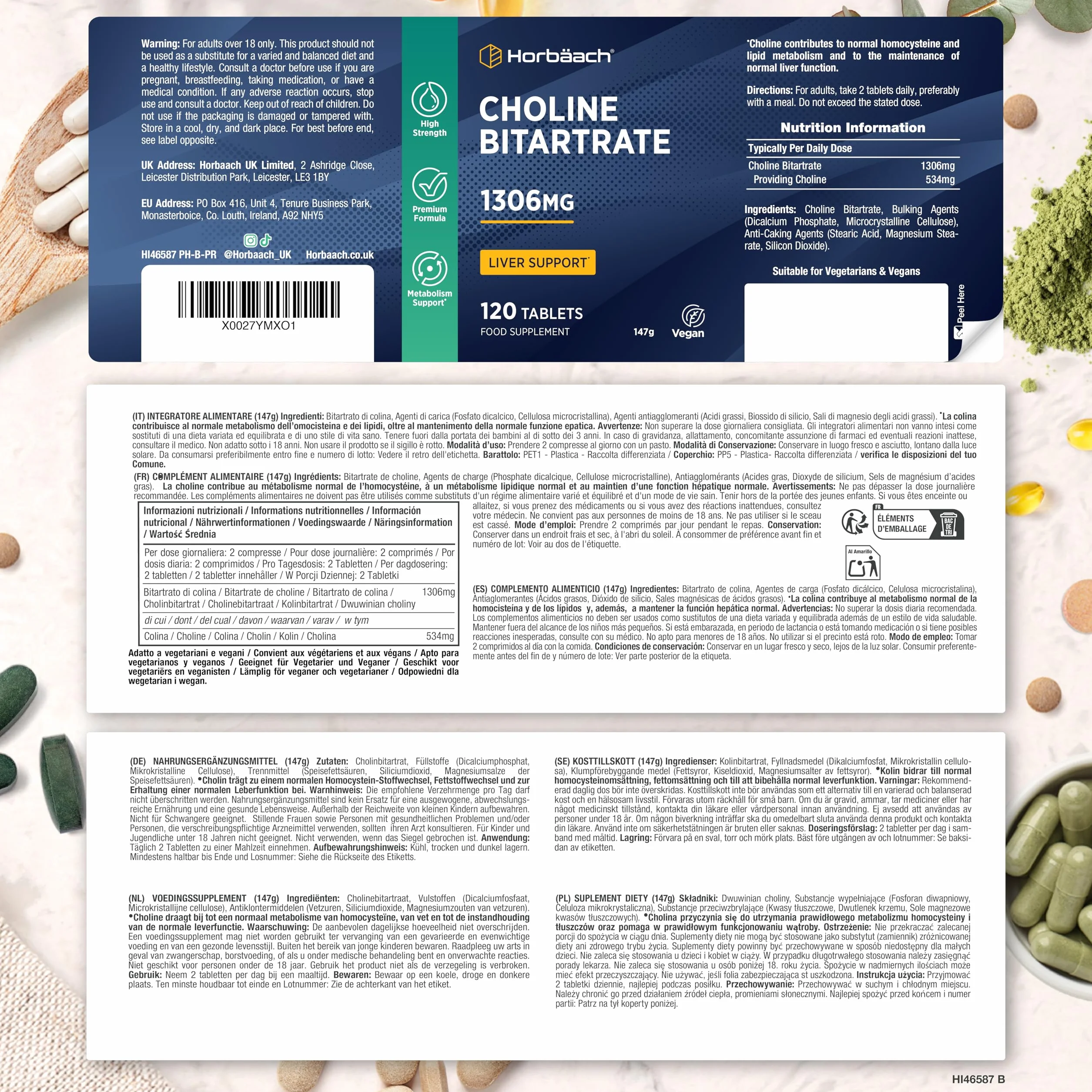 Colina Bitartrato 1305mg 120 Compresse Integratore Horbaach