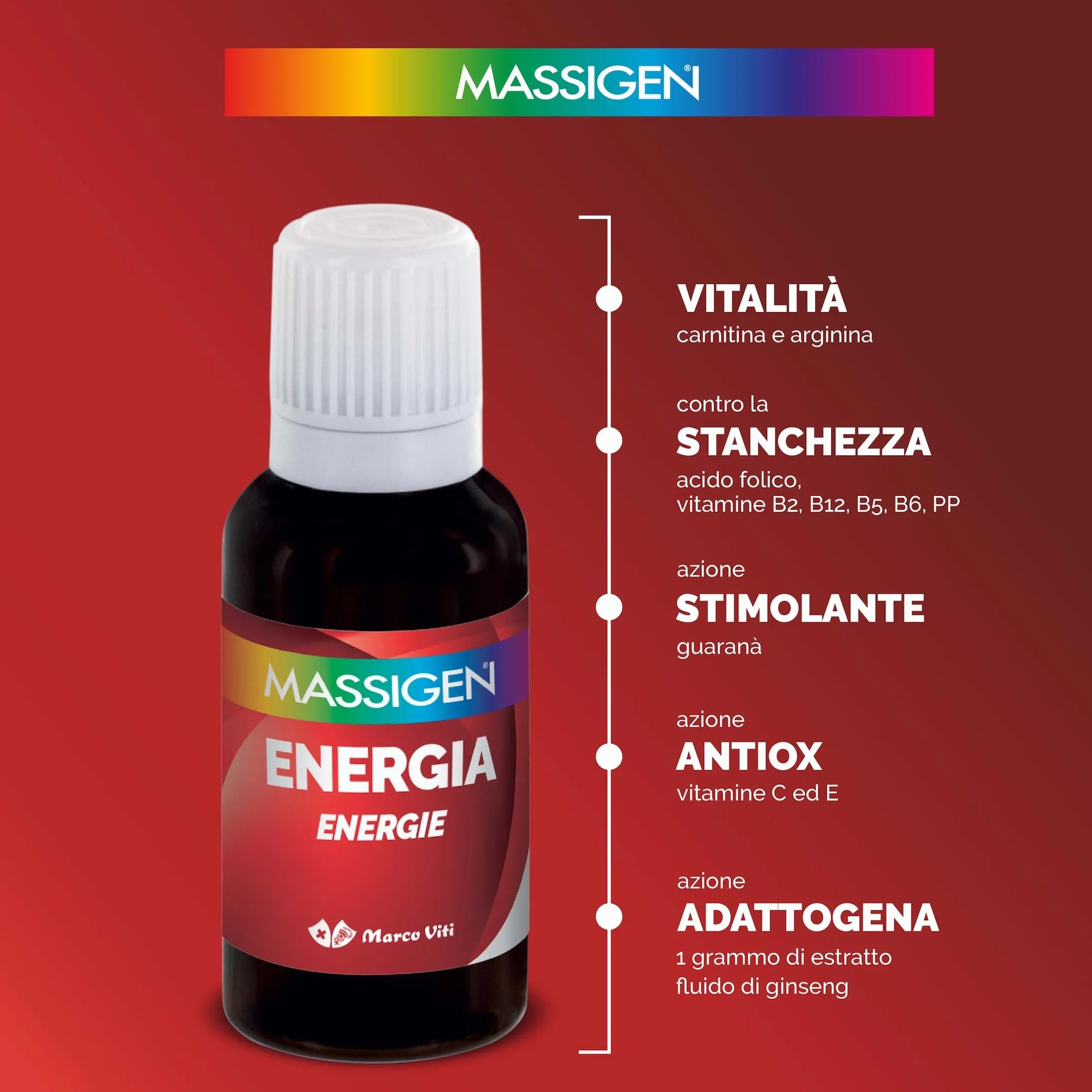 Massigen Tonico Energia Integratore Energetico con Ginseng e Guaranà 10 Flaconcini 25 ml Senza Glutine