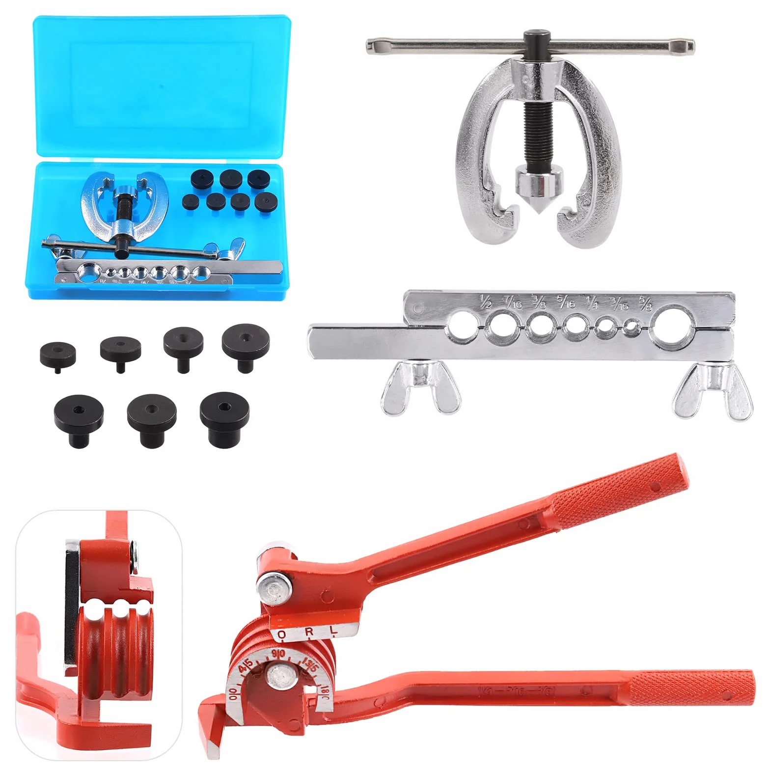 Swpeet Kit 10 utensili svasatura automatica piegatubi 3 in 1 180 gradi 1/2" 7/16" 3/8" 5/16" 1/4" 3/16" 5/8"