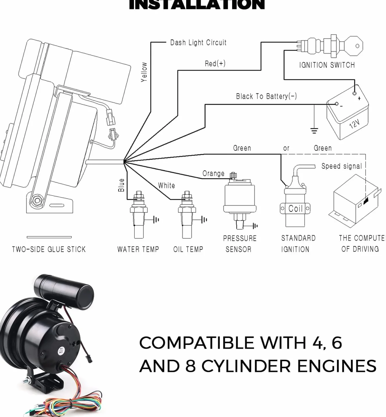MASO - Tachimetro 4 in 1, 13 cm, giri/min, 12 V, con supporto, con indicatori di cambiata, indicatori di pressione e temperatura olio, per auto