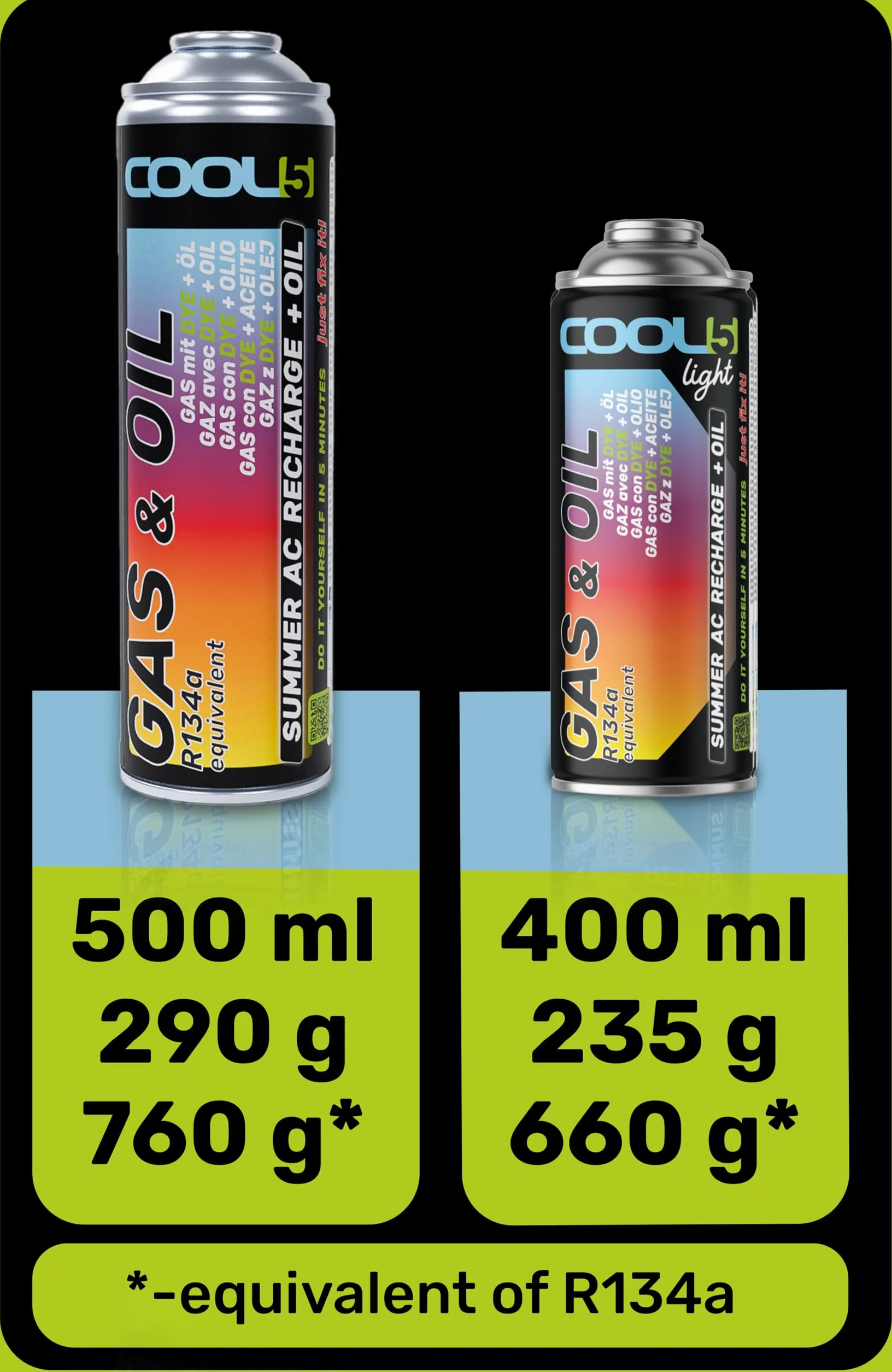 LIGHT R134a - Refrigerante di ricambio per condizionatori auto, 1 barattolo 2 in 1, 235 g + tubo di pressione con manometro