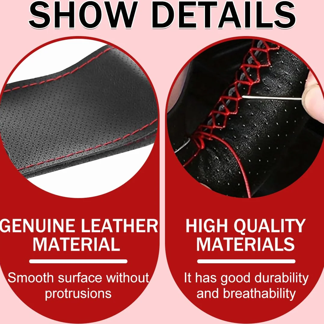 Coprivolante Auto in Pelle da Cucire, Foderatura per Sterzo 38cm con Perforazione Completa e Cucitura Rossa, Kit di Installazione Fai-da-Te per Guida Comoda e Sicura