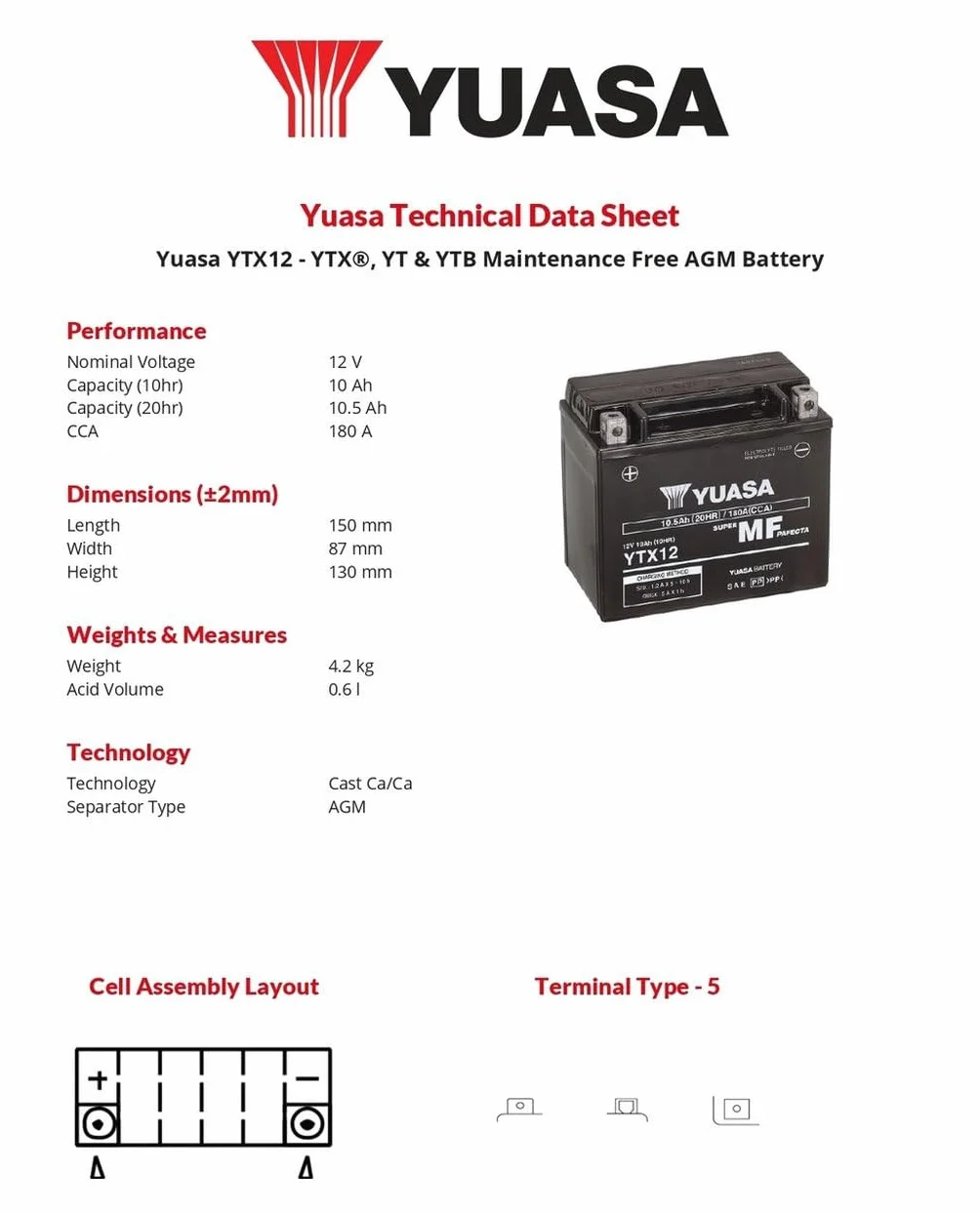Yuasa YTX12 batteria moto 12V precaricata sigillata